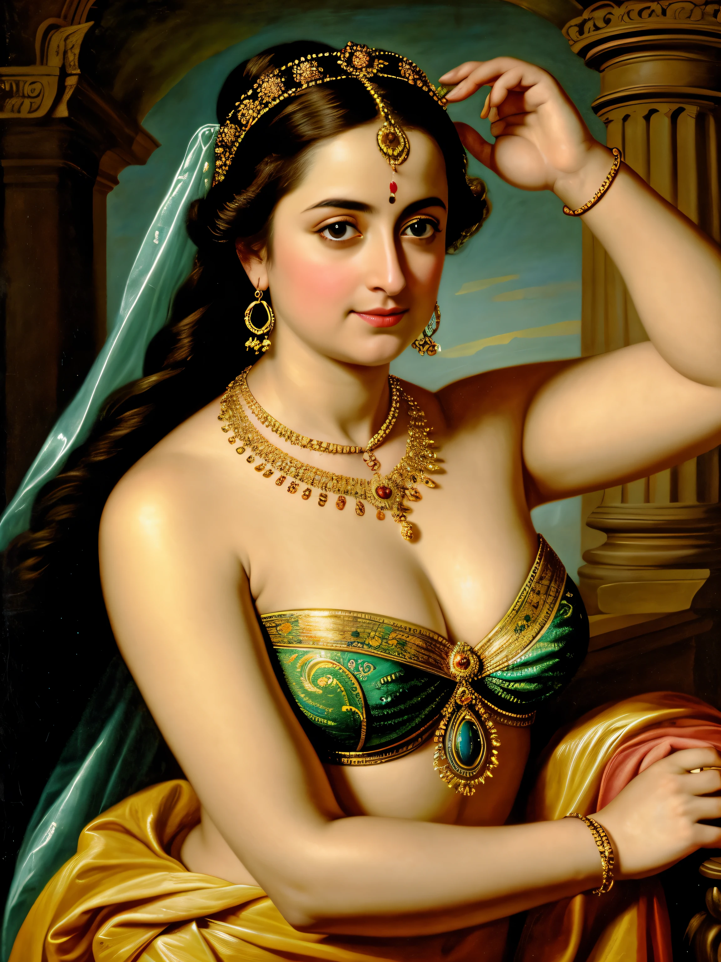 Looks like Anushka Shetty, Masterpiece, Best quality, high clarity eyes, critically flawless,sharp picture, Full portrait, High pixels, perfect face, perfect eyes, beautiful face, perfect hands,perfect fingers, in Peter Paul Rubens style, by Peter Paul Rubens, baroque style, acrylic on canvas, highly detailed, description: "Create a nymph inspired by the tales of Greek or Roman mythology, embodying the essence of a natural element or location, and possessing a unique ability or trait that sets her apart.", strapless Bra of ancient times, strapless bralette, armpits showing,