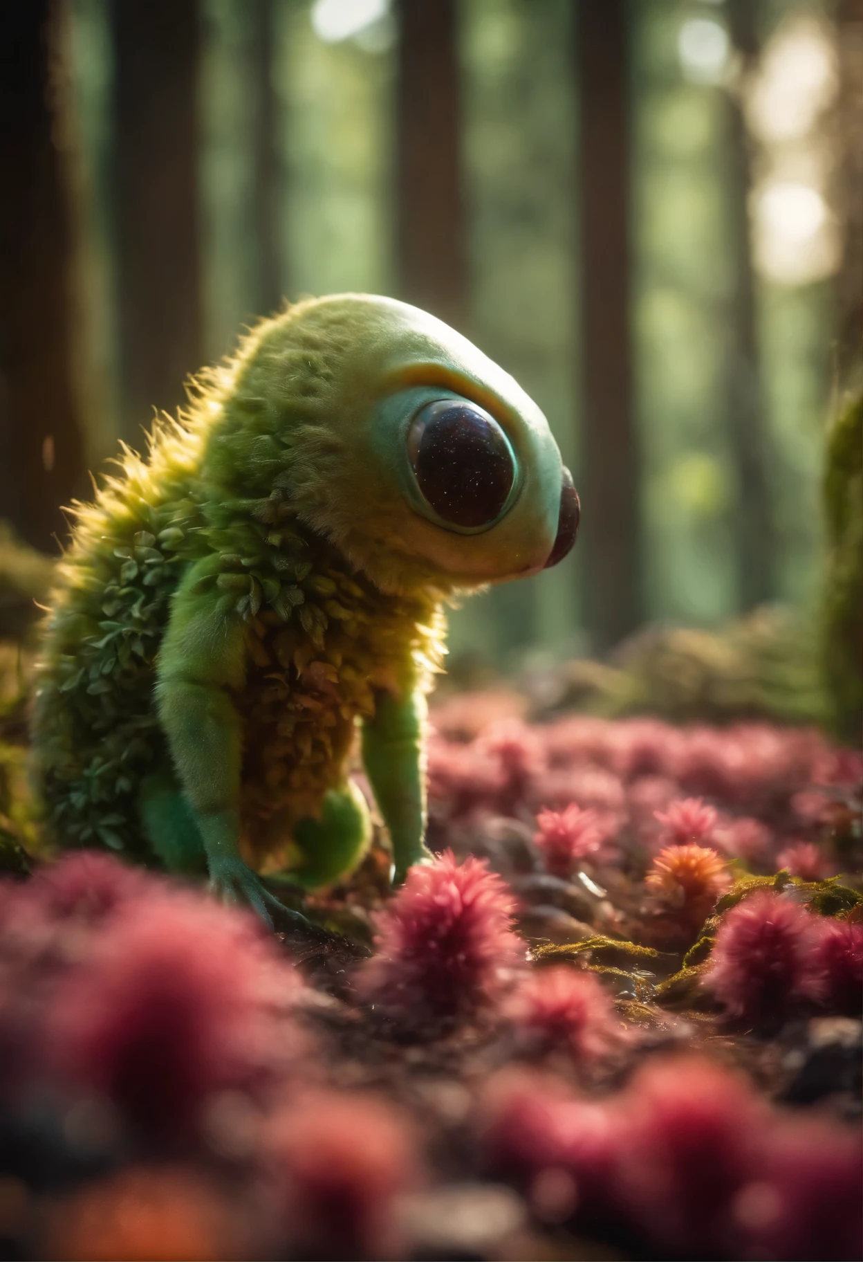 Photo realistic hd , alien world, forest made of colorful fur meat like flowers, uneven number of eyes, group of bug mammals hybrid creatures, sun light, shadows, moisture, condensation
