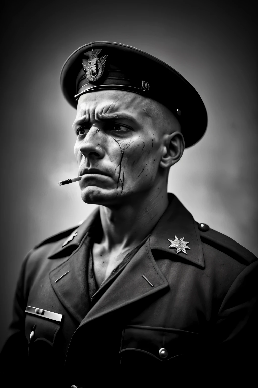 A defeated soldier, his face etched with fatigue and despair, takes a drag from a cigarette hanging between his weathered lips. The room around him is dimly lit, a cold, damp environment that mirrors his dejected state. The air is heavy with the scent of smoke and the weight of sorrow. His uniform is tattered and worn, a testament to the battles he has fought and lost. His eyes, hollow and lifeless, gaze into the distance, reflecting the ashes of what once was a fire within him. This hauntingly realistic image was captured with a Canon EOS R5, 35mm lens, F/1.8, in black and white, to emphasize