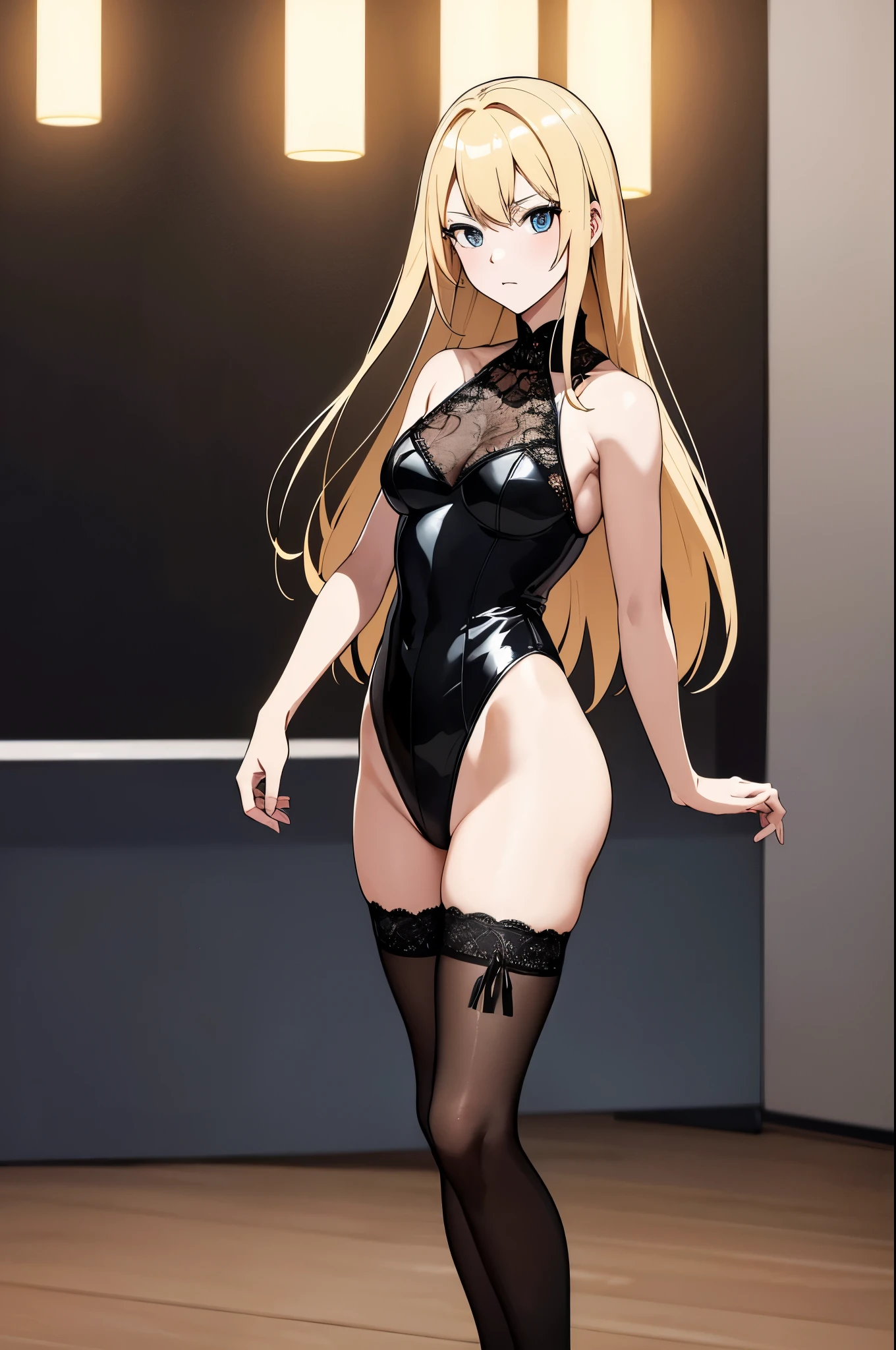 Generate a photo of a Japanese woman in her 20s in an anime style.。
And,
Please generate a scene of a blonde woman with long hair.。Expresses the shine and movement of the hair.、Her blonde hair accentuates her personality.。
And,
(Black lace leotard:1.5)Please generate a scene wearing。Leotards give an elegant and sexy look、The black color creates a stylish and sophisticated atmosphere.。
(plunge leotard:1.4),
And,
Please generate an indoor scene。The exposed concrete walls create a modern and cool atmosphere.、Wood grain flooring adds warmth。Generate images that make the entire space look simple yet sophisticated.。
And,
(Hold a full-body pose with your legs slightly apart while standing.、Generate a scene that stares at the viewer。The pose gives a natural and attractive impression.、Make sure your line of sight meets the viewer directly。:1.5),
And,
perfect face,hand,foot,Please describe the scene where you hold your fingers.。Each part is beautifully arranged down to the smallest detail.,Make sure you feel perfect symmetry and harmony。at the same time,Add detailed facial features and clothing features、Highlight your individuality and uniqueness。
Crisp and razor-sharp details(super clear details:1.5)and amazing color depth(color depth:1.25)is required。
Must imitate the unparalleled sharpness and color vibrancy of photos taken with ultra-high-end cameras such as MS and Fujifilm XT3,