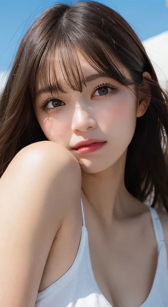 finely, High resolution, high quality、完璧なダイナミックな構figure, detailed and beautiful eyes, medium hair, 、natural color lip,Kamimei、Shibuya Ward、20 year old girl、1 person、transparent skin、shining hair、table top, 最high quality, figure, super detailed, finely, High resolution, 8k、correct state of the human body、squat、sculpture model pose，hair blowing in the wind