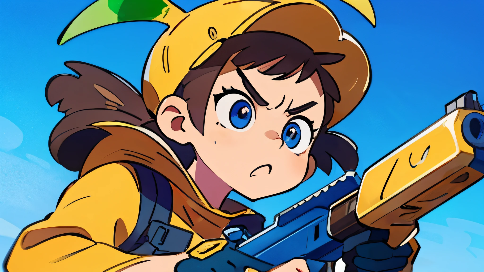 mad, angry, dramatic, strong contrast and saturation, blueish shooting range background, high detailed, fornite banana costume, shooting, guns, bananas guns, bananas, big eyes, in a close view, front, brown hair, blue eyes