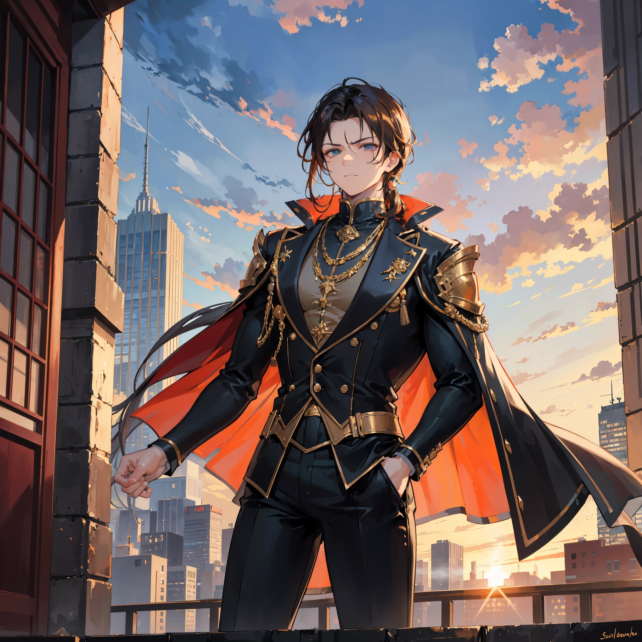 (medium:oil painting),lean,muscular,slicked back chestnut hair,bronze colored eyes,beautifully detailed facial features,strong jawline, wearing a fine black shirt and pants,green cape flowing behind him,standing tall in a majestic pose,confident expression,against a backdrop of a bustling city at sunset,with tall skyscrapers and glowing lights illuminating the scene. The colors are vibrant and rich, with warm tones of orange and gold in the sky, contrasting with the cool blues and grays of the buildings. The lighting is dramatic, with the sun setting behind the city, casting long shadows and creating a sense of depth and atmosphere. The scene is highly detailed, with every brick and window of the buildings carefully rendered, capturing the urban energy and sophistication. The overall image quality is of the highest standard, with ultra-detailed textures and sharp focus. It is a masterpiece of contemporary art, showcasing the strength, confidence, and allure of the modern man in a dynamic urban setting.