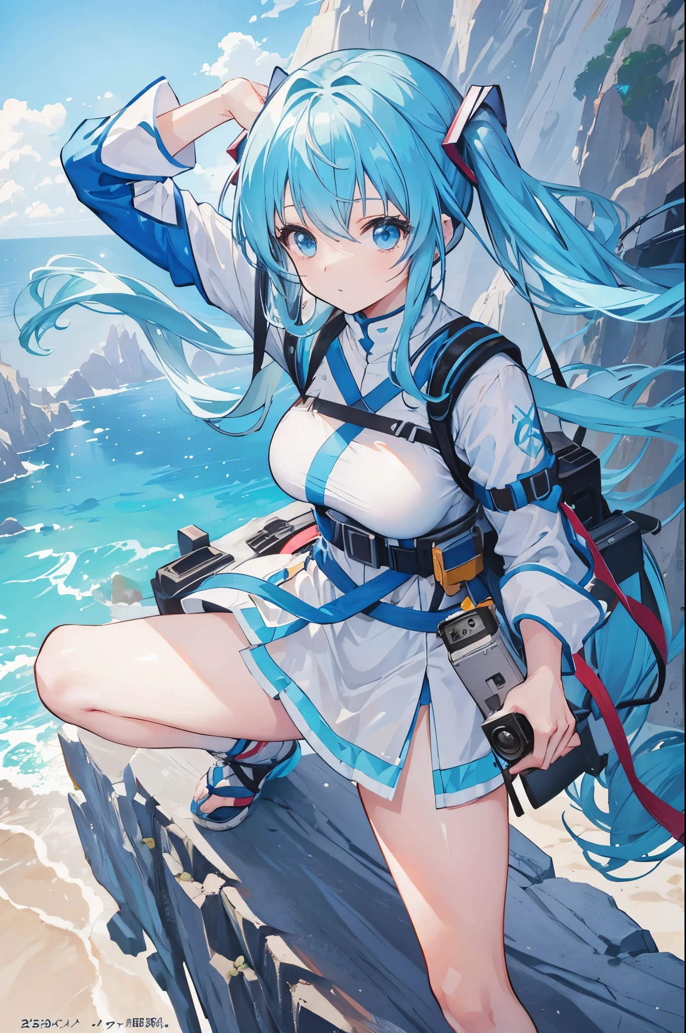 A beautiful 25-year-old woman desperately climbing the rock face of a steep mountain., light blue long hair、twin tails、climber costume、camera from above. anime style, very detailed.