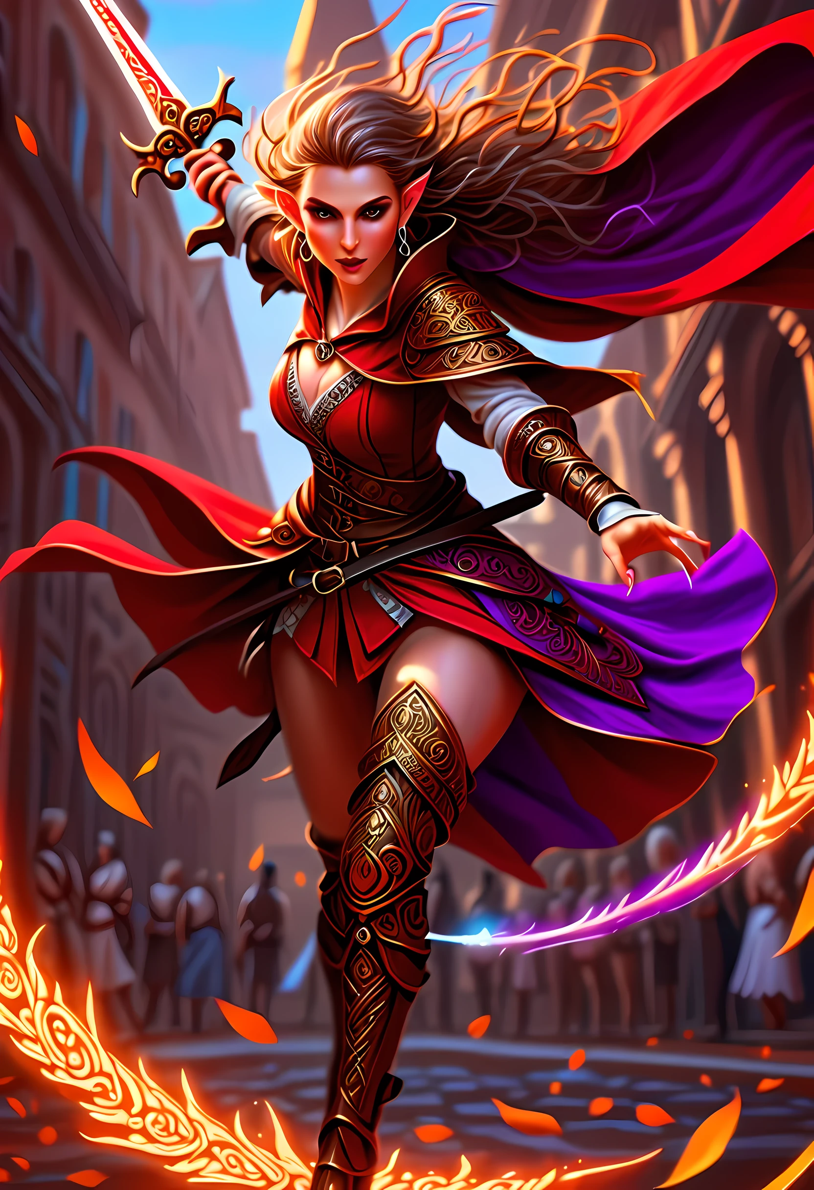 a picture of a female elf (intense details, Masterpiece, best quality: 1.5) fantasy swashbuckler, fantasy fencer, armed with a slim sword, shinning sword, metallic shine, colorful clothes, dynamic clothing, an ultra wide shot, full body (intense details, Masterpiece, best quality: 1.5)epic beautiful female elf (intense details, Masterpiece, best quality: 1.5), rich hair, braided hair, small pointed ears, action shot, GlowingRunesAI_red  [colorful magical sigils in the air],[ colorful arcane markings floating] (intricate details, Masterpiece, best quality: 1.6), holding a [sword] (intricate details, Masterpiece, best quality: 1.6) holding a [sword glowing in red light]fantasy urban street (intense details, Masterpiece, best quality: 1.5),  purple cloak, long cloak (intense details, Masterpiece, best quality: 1.5), sense of daring, sense of adventure,  high details, best quality, 8k, [ultra detailed], masterpiece, best quality, (extremely detailed), dynamic angle, ultra wide shot, photorealistic, RAW, fantasy art, dnd art,fantasy art, realistic art,