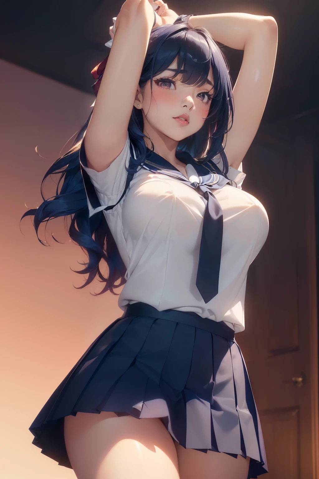(masterpiece, best quality, cinematic, photorealistic, ultra-detailed), (1girl, japanese student), thicc, (medium shot, from below:1.5), (smart-looking girl wearing white short-sleeved blouse with a sailor-style collar and a ribbon tie:1.4), (navy blue pleated skirt that falls just above the knees:1.4), (blue hair, long wavy hair:1.2), perfect hands, perfect face, (bursting breasts, large chest:1.4), (seductive pose:1.2), (brown eyes, soft and shimmery eyeshadows, detailed pupils, defined eyelashes), (blushing, slightly parted lips, fluffy lips, cherry lips:1.2), (gradient background:1.2), (armpit is shown:1.3), (looking at the viewer, chin up:1.4), (standing, sensual pose:1.4)