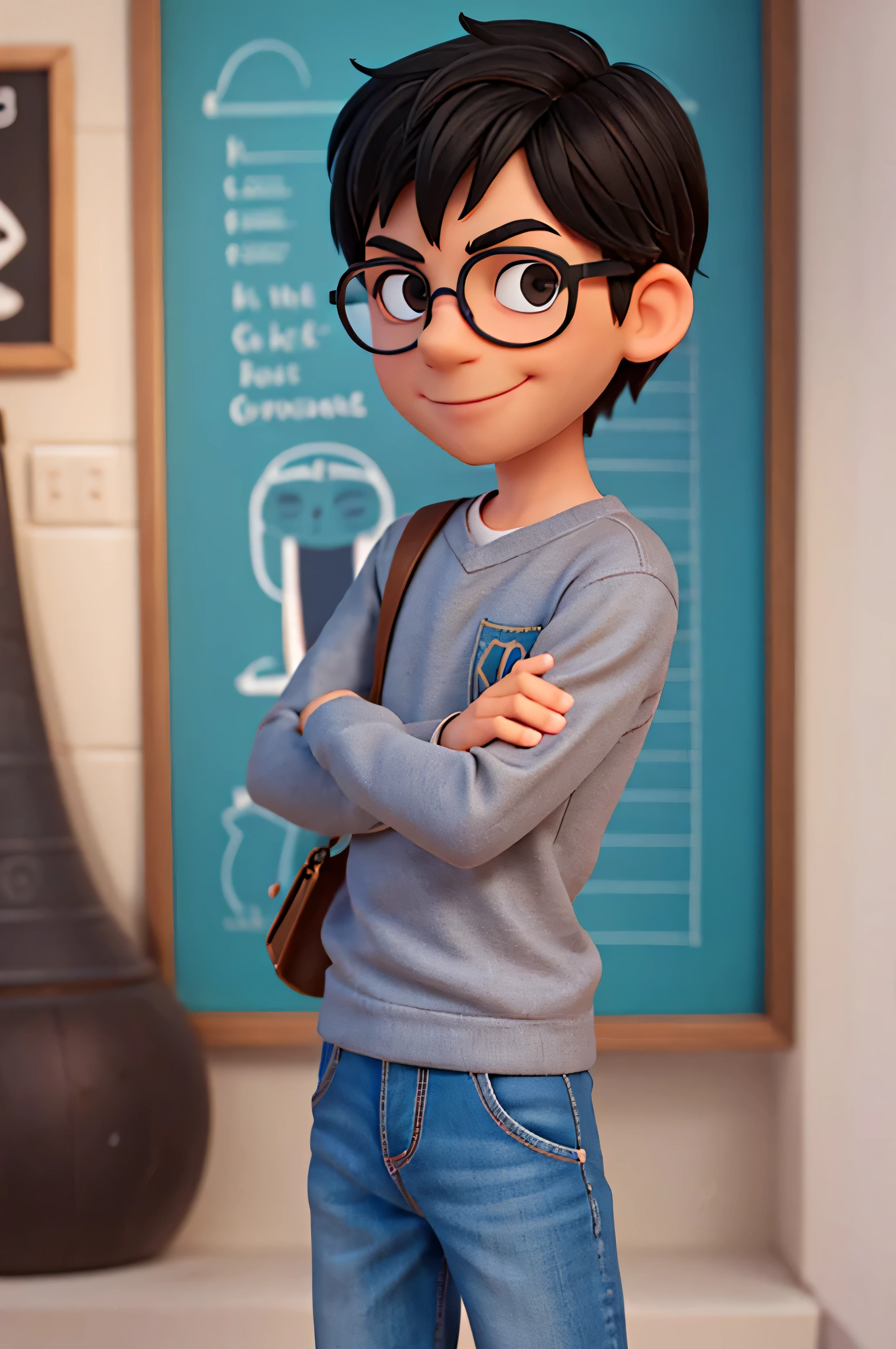 Crie um personagem em alta qualidade, 1 detalhes do menino: wear glasses (redondo), has black hair profession Graphic Designer, crossed arms, sorridente
. Estilo Pixar