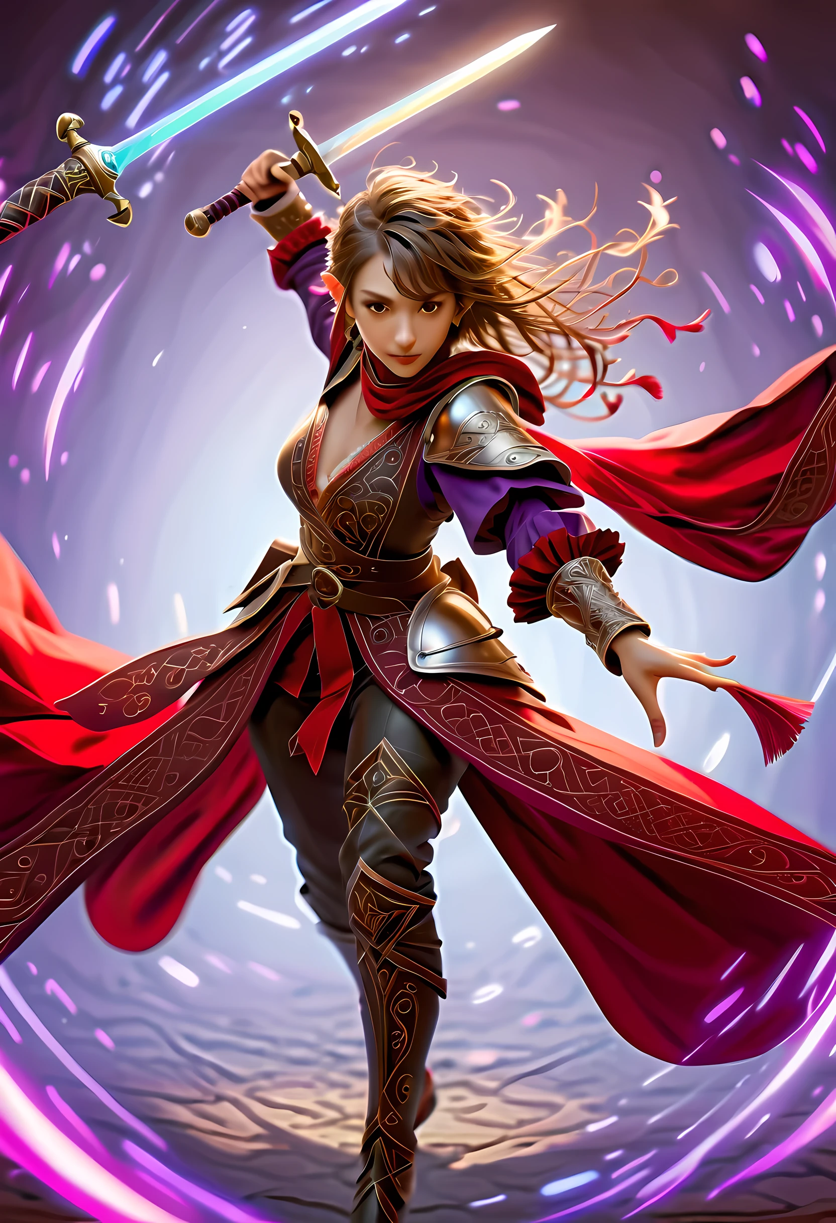 a picture of a female elf (intense details, Masterpiece, best quality: 1.5) fantasy swashbuckler, fantasy fencer, armed with a slim sword, shinning sword, metallic shine, colorful clothes, dynamic clothing, an ultra wide shot, full body (intense details, Masterpiece, best quality: 1.5)epic beautiful female elf (intense details, Masterpiece, best quality: 1.5), rich hair, braided hair, small pointed ears, action shot, GlowingRunesAI_red  [colorful magical sigils in the air],[ colorful arcane markings floating] (intricate details, Masterpiece, best quality: 1.6), holding a [sword] (intricate details, Masterpiece, best quality: 1.6) holding a [sword glowing in red light]fantasy urban street (intense details, Masterpiece, best quality: 1.5),  purple cloak, long cloak (intense details, Masterpiece, best quality: 1.5), sense of daring, sense of adventure,  high details, best quality, 8k, [ultra detailed], masterpiece, best quality, (extremely detailed), dynamic angle, ultra wide shot, photorealistic, RAW, fantasy art, dnd art,fantasy art, realistic art,