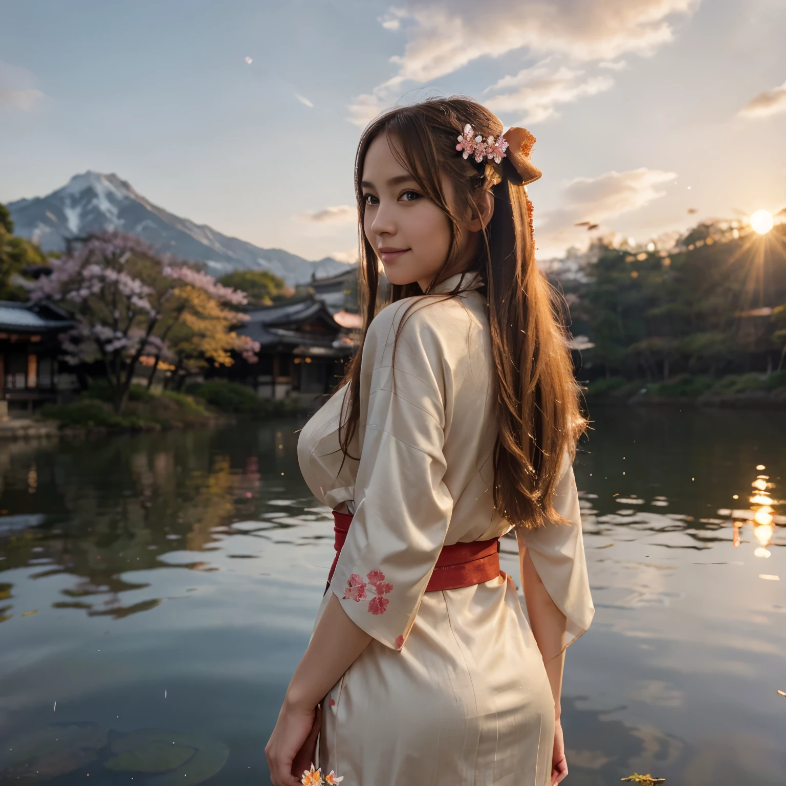 asuna, masterpiece, best quality, detailed, (1girl), solo, detailed golden eyes, long hair, standing, close to viewer, (detailed kimono), light smile, medium breasts, (arms behind back), water, sunset, (hair ornament), (Sakura bloom), snow mountain lake in the background