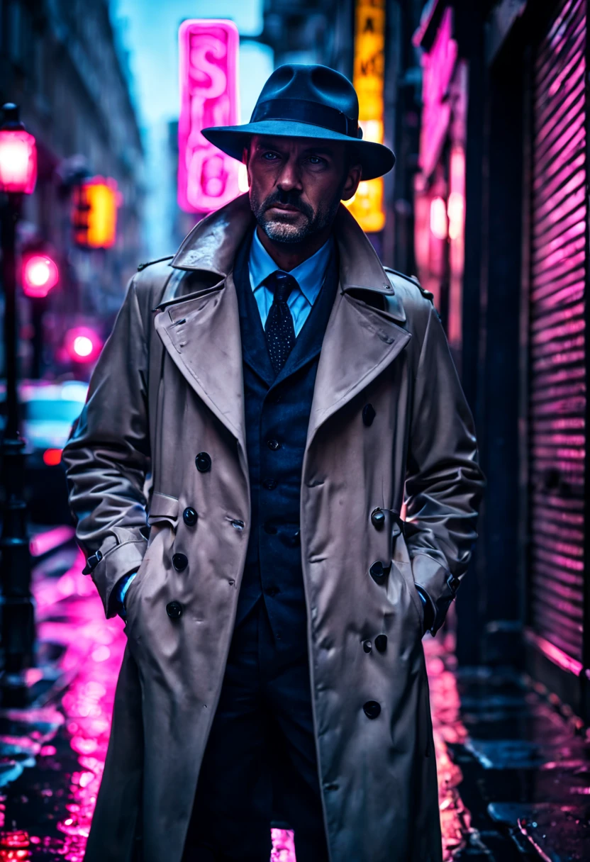 cinematic film still {Neon Noir Showdown: (masterpiece, 8K, UHD, photo-realistic:1.3), grizzled detective with (stubble and piercing blue eyes:1.1), (trench coat:1.2), fedora hat, in a rain-soaked alley, neon signs reflecting on puddles, tense standoff with shadowy figure, (vintage revolver:1.2), steam rising from the pavement, contrasting (neon pink and electric blue:1.1) lighting, close-up shot, side view, intense gaze, dramatic shadows, wet asphalt, moody and atmospheric, rain droplets mid-air, (anxious anticipation:1.1), detailed facial expressions} . shallow depth of field, vignette, highly detailed, high budget, bokeh, cinemascope, moody, epic, gorgeous, film grain, grainy
