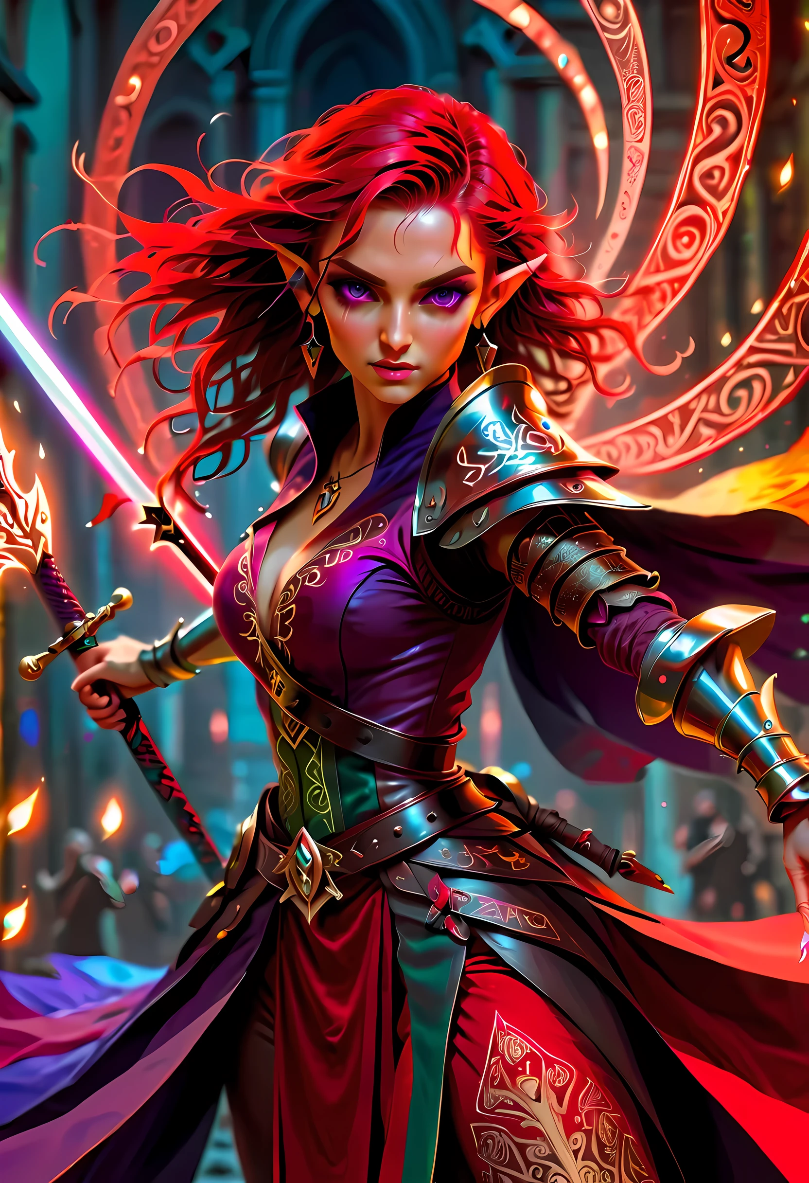 a picture of a female elf (intense details, Masterpiece, best quality: 1.5) fantasy swashbuckler, fantasy fencer, armed with a slim sword, shinning sword, metallic shine, colorful clothes, dynamic clothing, an ultra wide shot, full body (intense details, Masterpiece, best quality: 1.5)epic beautiful female elf (intense details, Masterpiece, best quality: 1.5), rich hair, braided hair, small pointed ears, action shot, GlowingRunesAI_red  [colorful magical sigils in the air],[ colorful arcane markings floating] (intricate details, Masterpiece, best quality: 1.6), holding a [sword] (intricate details, Masterpiece, best quality: 1.6) holding a [sword glowing in red light]fantasy urban street (intense details, Masterpiece, best quality: 1.5),  purple cloak, long cloak (intense details, Masterpiece, best quality: 1.5), sense of daring, sense of adventure,  high details, best quality, 8k, [ultra detailed], masterpiece, best quality, (extremely detailed), dynamic angle, ultra wide shot, photorealistic, RAW, fantasy art, dnd art,fantasy art, realistic art,