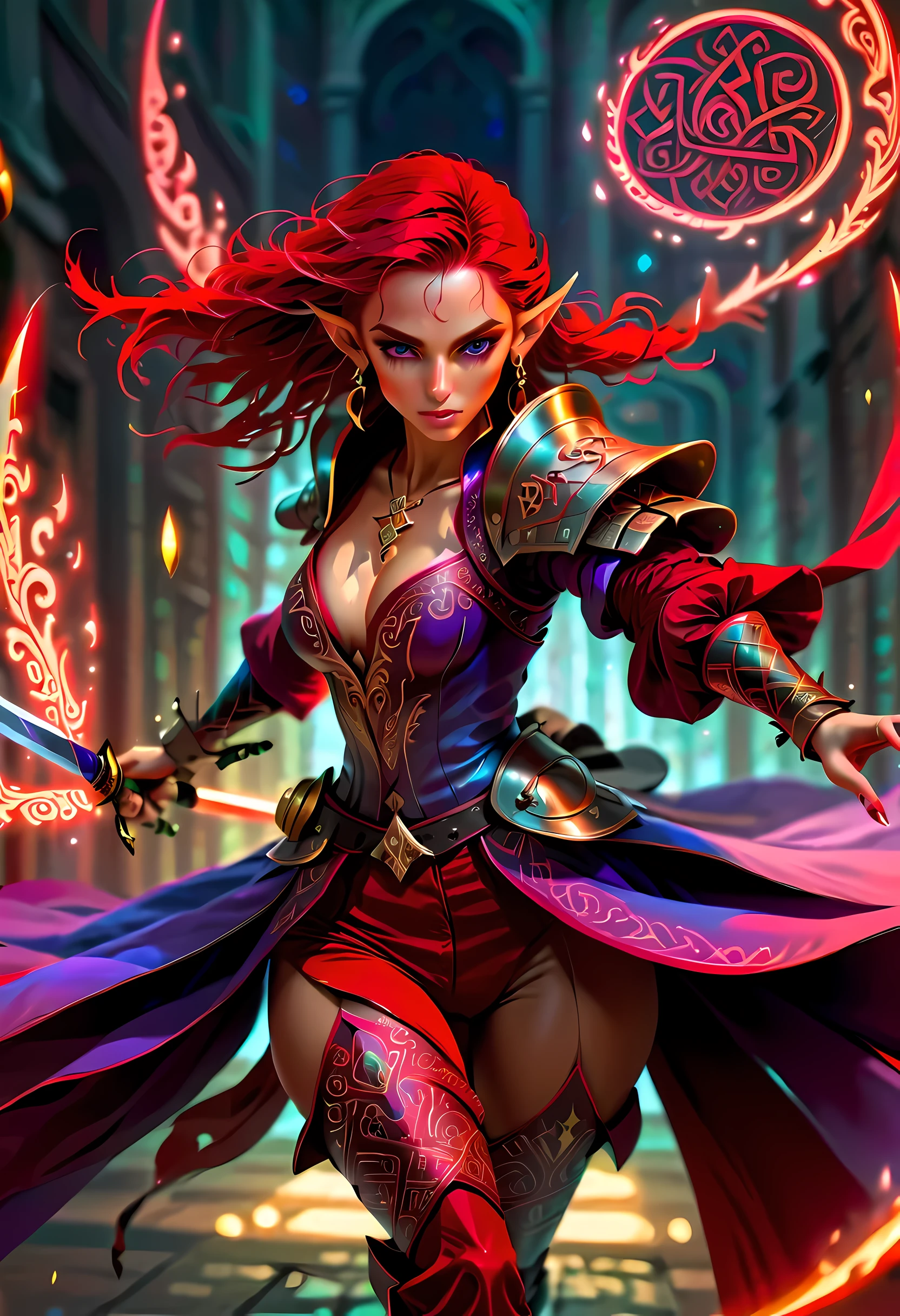a picture of a female elf (intense details, Masterpiece, best quality: 1.5) fantasy swashbuckler, fantasy fencer, armed with a slim sword, shinning sword, metallic shine, colorful clothes, dynamic clothing, an ultra wide shot, full body (intense details, Masterpiece, best quality: 1.5)epic beautiful female elf (intense details, Masterpiece, best quality: 1.5), rich hair, braided hair, small pointed ears, action shot, GlowingRunesAI_red  [colorful magical sigils in the air],[ colorful arcane markings floating] (intricate details, Masterpiece, best quality: 1.6), holding a [sword] (intricate details, Masterpiece, best quality: 1.6) holding a [sword glowing in red light]fantasy urban street (intense details, Masterpiece, best quality: 1.5),  purple cloak, long cloak (intense details, Masterpiece, best quality: 1.5), sense of daring, sense of adventure,  high details, best quality, 8k, [ultra detailed], masterpiece, best quality, (extremely detailed), dynamic angle, ultra wide shot, photorealistic, RAW, fantasy art, dnd art,fantasy art, realistic art,