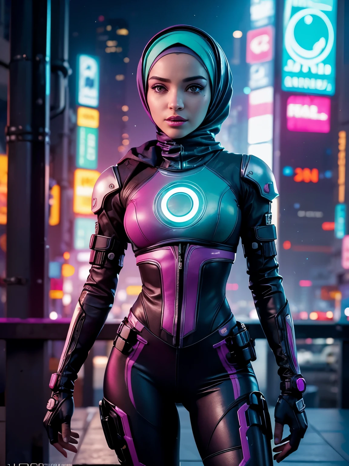 (Photorealistic:1.4) image of a cyber punk girl in hijab, (top-quality, 8K, 32K, masterpiece), (dynamic pose), ((facing camera)), (looking at camera), cowboy shot, shapeless hijab, colorful hijab, colorful cyberpunk clothing, depth of field f/1.8, cyberpunk city background, cinematic lighting.