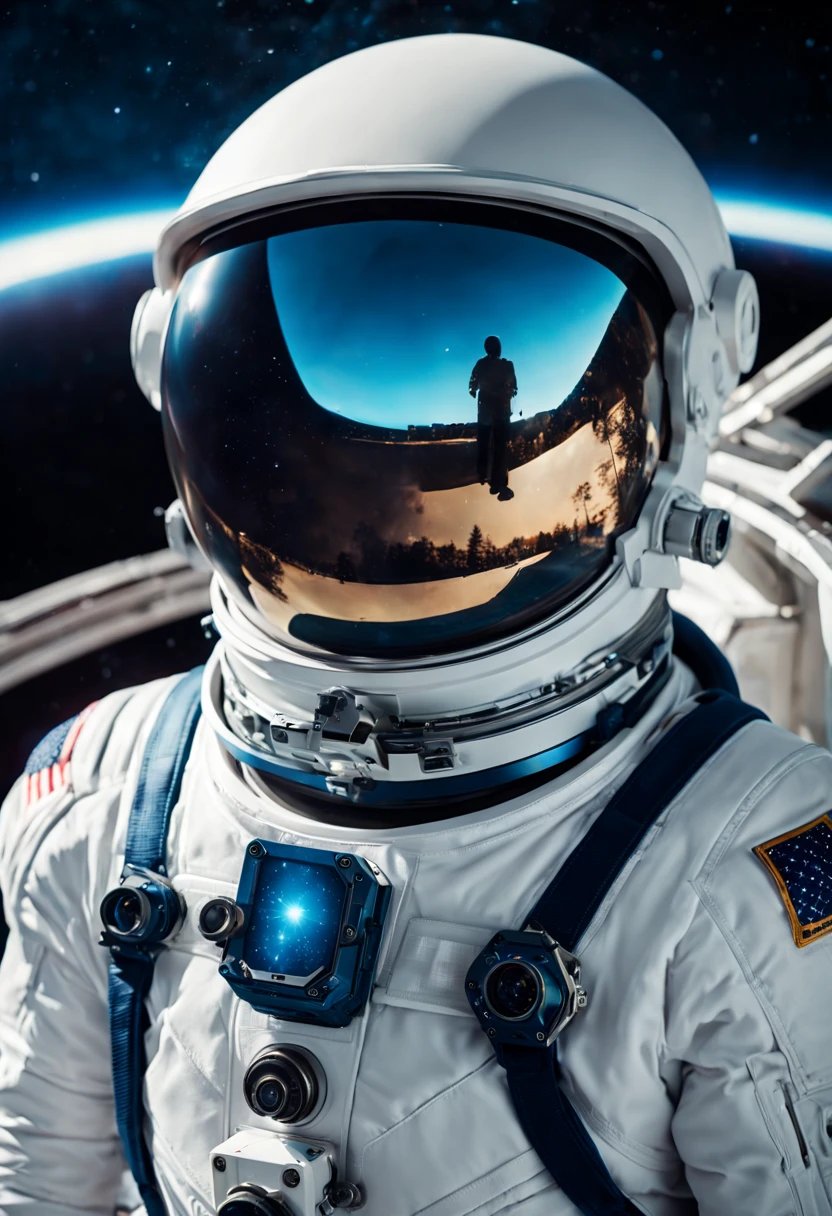 cinematic film still {Retro-futuristic Odyssey: (masterpiece, UHD, CGI, trending on artstation:1.2), lone astronaut, (sleek white spacesuit with blue highlights:1.2), floating before a massive, (orbiting space station:1.1), Earth in the background, vibrant auroras, (retro-futuristic design:1.3), gleaming metal, intricate patterns on the station's hull, sunburst reflecting off visor, deep space, stars twinkling, (nebula:1.1) in the distance, weightlessness captured, dynamic angle, looking over shoulder, (sense of exploration:1.1), vivid colors, high contrast, sense of immense scale} . shallow depth of field, vignette, highly detailed, high budget, bokeh, cinemascope, moody, epic, gorgeous, film grain, grainy