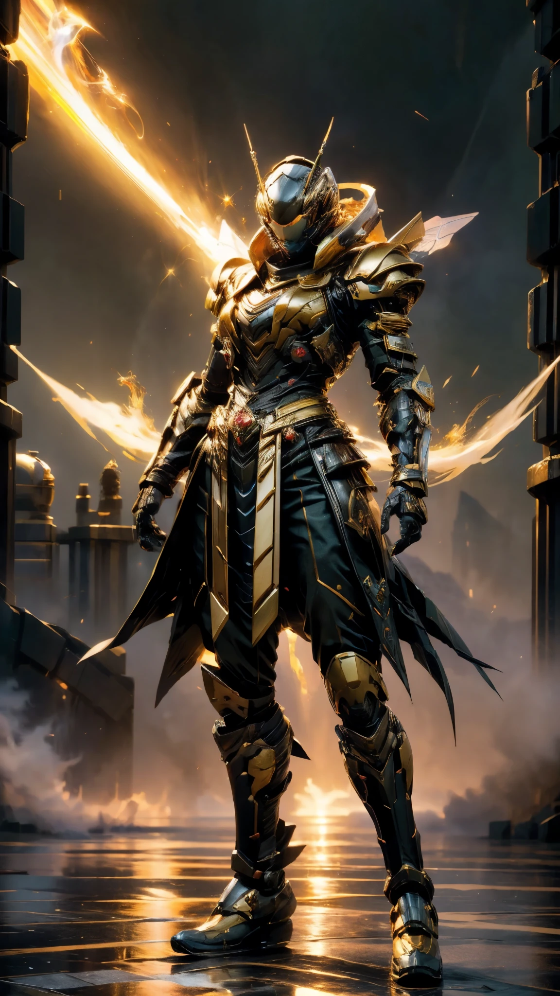 A woman adorned in fantasy-style full-body armor, a crown-concept fully enclosed helmet that unveils only her eyes, a composite layered chest plate, fully encompassing shoulder and hand guards, a lightweight waist armor, form-fitting shin guards, the overall design is heavy-duty yet flexible, ((the armor gleams with a golden glow, complemented by red and blue accents)), exhibiting a noble aura, she floats above a fantasy-surreal high-tech city, this character embodies a finely crafted fantasy-surreal style armored hero in anime style, exquisite and mature manga art style, (mixture of Queen bee and Spider concept Armor, plasma, blood), ((Element, energy, elegant, goddess, femminine:1.5)), metallic, high definition, best quality, highres, ultra-detailed, ultra-fine painting, extremely delicate, professional, anatomically correct, symmetrical face, extremely detailed eyes and face, high quality eyes, creativity, RAW photo, UHD, 32k, Natural light, cinematic lighting, masterpiece-anatomy-perfect, masterpiece:1.5