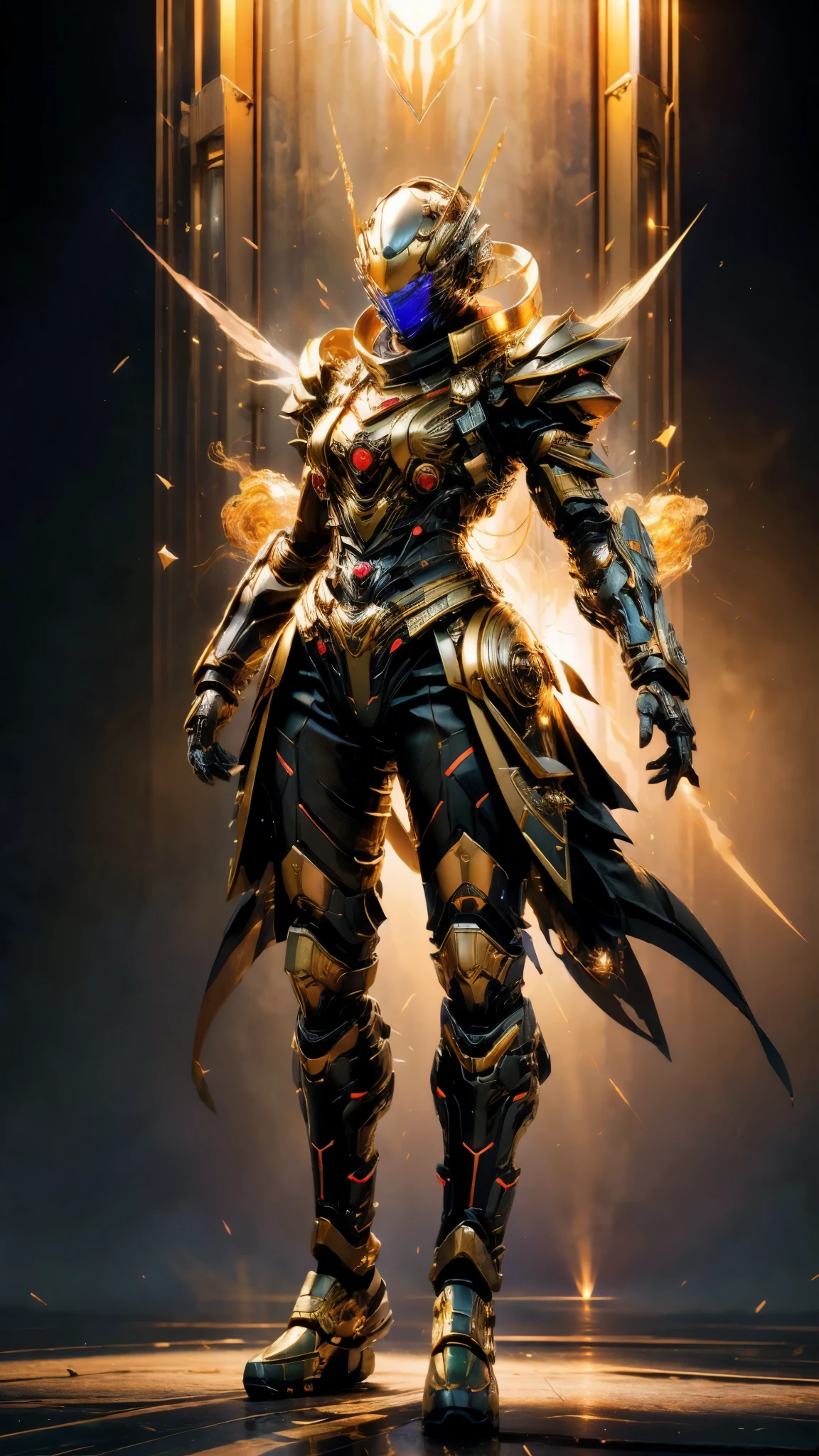 A woman adorned in fantasy-style full-body armor, a crown-concept fully enclosed helmet that unveils only her eyes, a composite layered chest plate, fully encompassing shoulder and hand guards, a lightweight waist armor, form-fitting shin guards, the overall design is heavy-duty yet flexible, ((the armor gleams with a golden glow, complemented by red and blue accents)), exhibiting a noble aura, she floats above a fantasy-surreal high-tech city, this character embodies a finely crafted fantasy-surreal style armored hero in anime style, exquisite and mature manga art style, (mixture of Queen bee and Spider concept Armor, plasma, blood), ((Element, energy, elegant, goddess, femminine:1.5)), metallic, high definition, best quality, highres, ultra-detailed, ultra-fine painting, extremely delicate, professional, anatomically correct, symmetrical face, extremely detailed eyes and face, high quality eyes, creativity, RAW photo, UHD, 32k, Natural light, cinematic lighting, masterpiece-anatomy-perfect, masterpiece:1.5