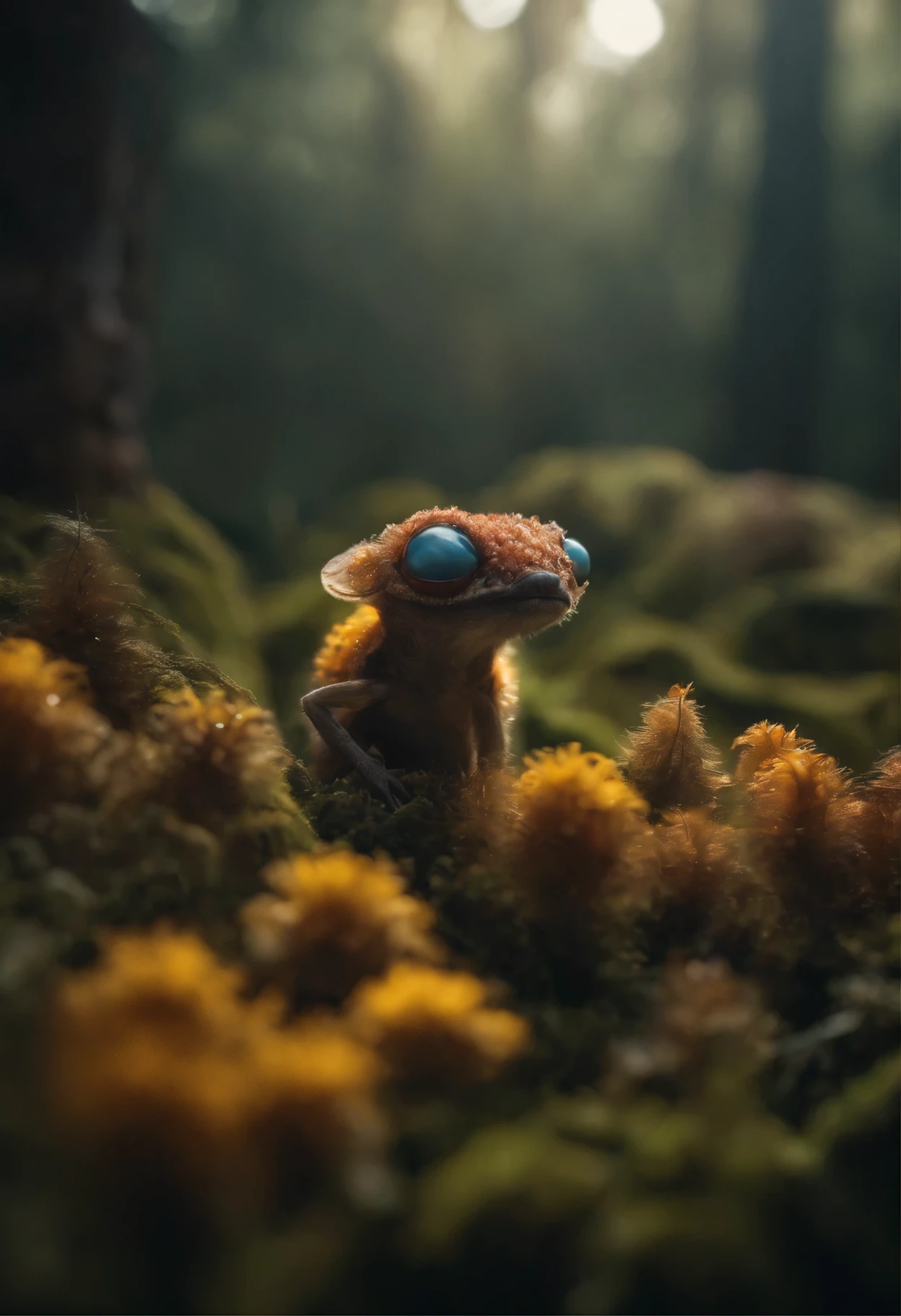 Photo realistic hd , alien world, forest made of colorful fur meat like flowers and seaweed, group of bug mammals hybrid creatures with uneven number of eyes,  sun light, shadows,   moisture, condensation 