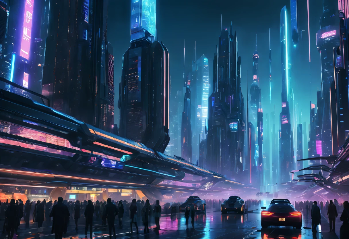 scifi movie scene, futuristic cityscape, Cyberpunk aesthetics, neon lights, towering skyscrapers, aircraft, Advanced technology, Holographic display, bustling crowd, high-tech products, Dark and moody atmosphere, dystopian setting, future fashion, AI, future transportation, Smooth and shiny surface, robot character, Immersive virtual reality, high-tech weaponry
