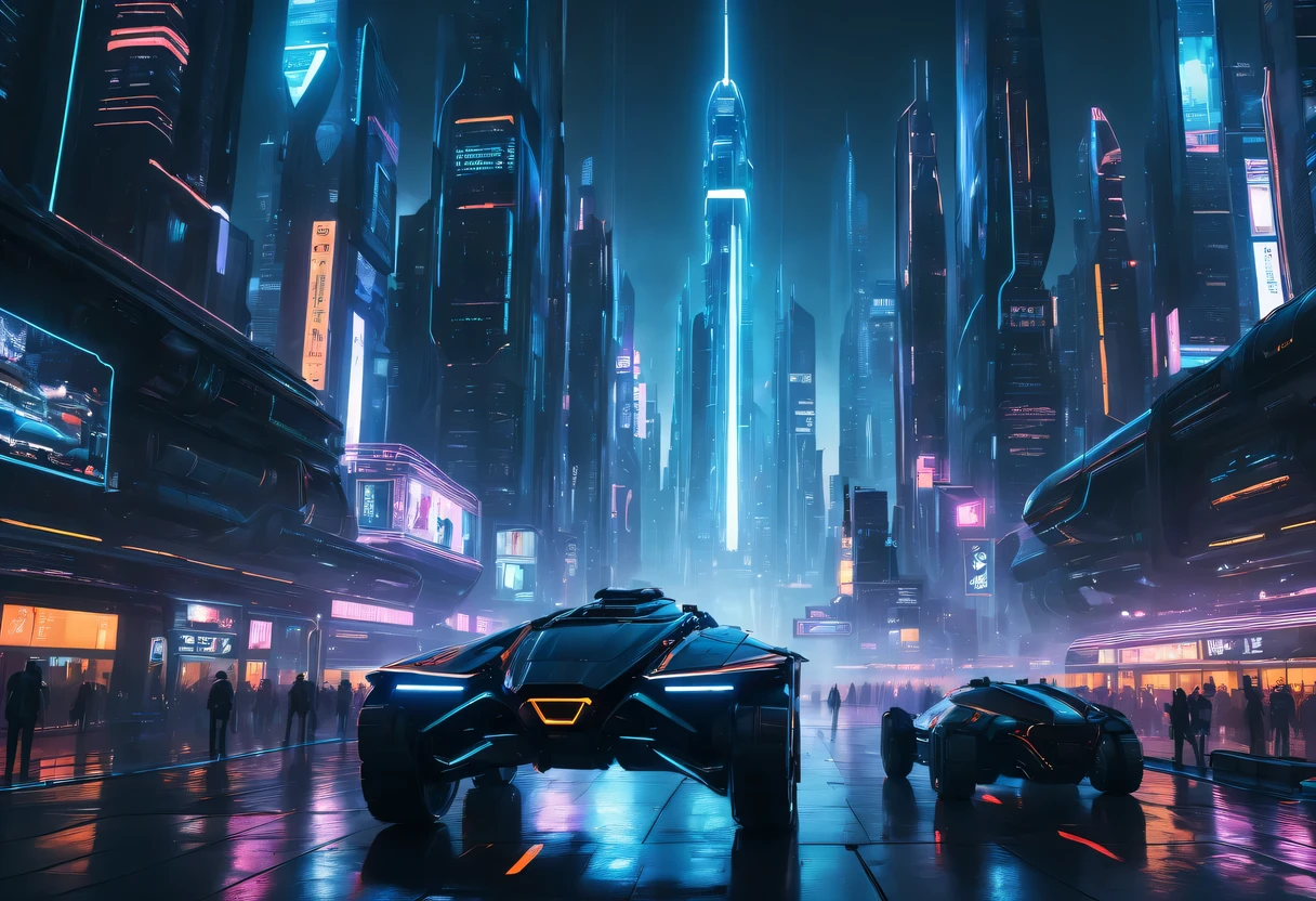 scifi movie scene, futuristic cityscape, Cyberpunk aesthetics, neon lights, towering skyscrapers, aircraft, Advanced technology, Holographic display, bustling crowd, high-tech products, Dark and moody atmosphere, dystopian setting, future fashion, AI, future transportation, Smooth and shiny surface, robot character, Immersive virtual reality, high-tech weaponry