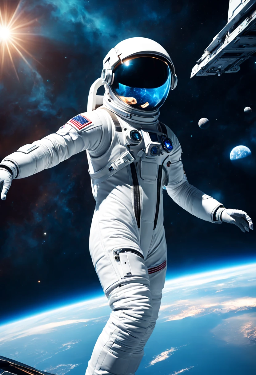 cinematic film still {Retro-futuristic Odyssey: (masterpiece, UHD, CGI, trending on artstation:1.2), lone astronaut, (sleek white spacesuit with blue highlights:1.2), floating before a massive, (orbiting space station:1.1), Earth in the background, vibrant auroras, (retro-futuristic design:1.3), gleaming metal, intricate patterns on the station's hull, sunburst reflecting off visor, deep space, stars twinkling, (nebula:1.1) in the distance, weightlessness captured, dynamic angle, looking over shoulder, (sense of exploration:1.1), vivid colors, high contrast, sense of immense scale} . shallow depth of field, vignette, highly detailed, high budget, bokeh, cinemascope, moody, epic, gorgeous, film grain, grainy