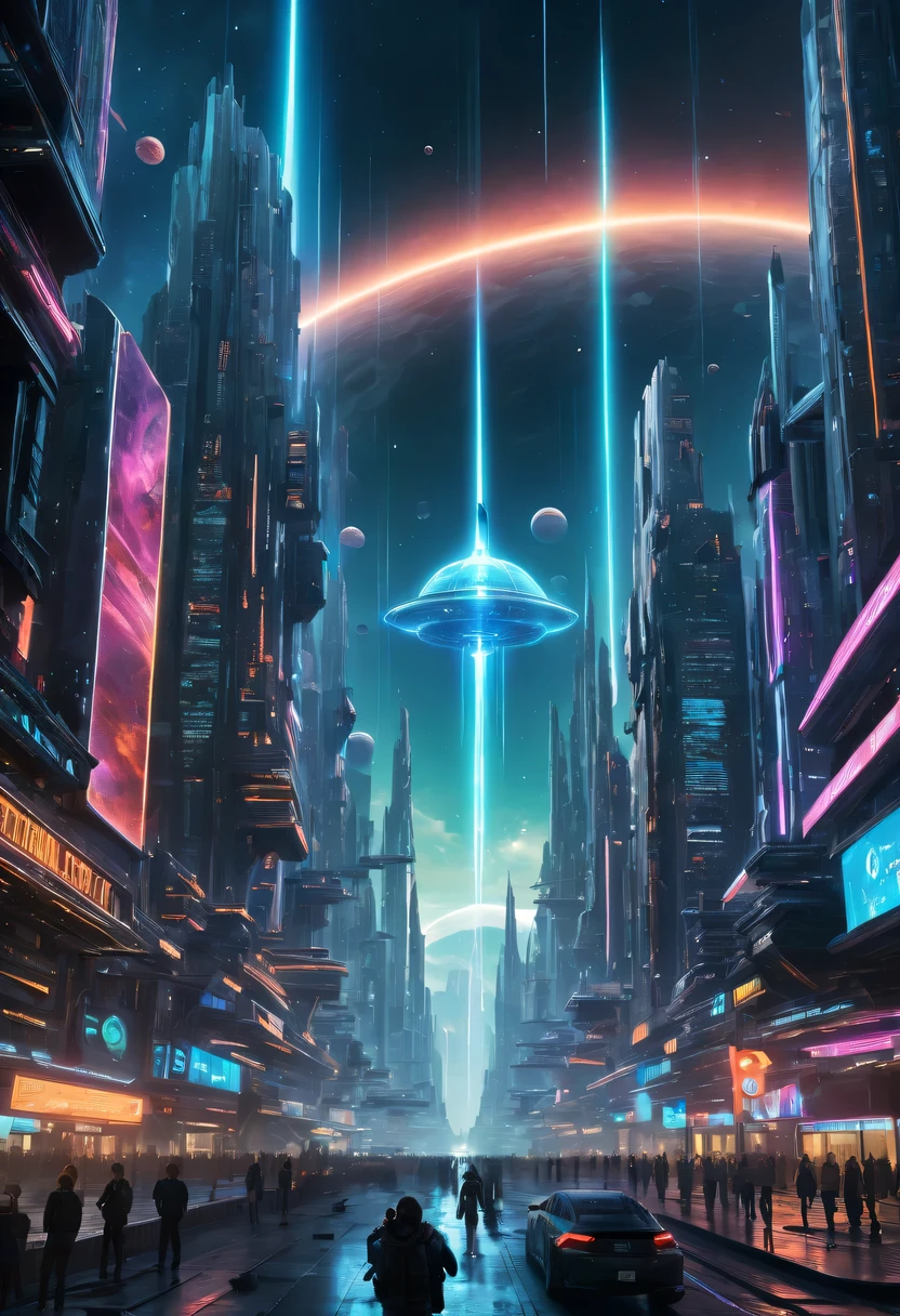 (high resolution,masterpiece:1.2), scifi movie scene, futuristic movie visual effects, Stunning special effects, immersive atmosphere, movie effect, bright colors, dramatic lighting, surreal landscape, intricate details, future technology, Advanced visual effects, Monumental buildings, stunning view, otherworldly creature, epic battle, mind-bending aesthetics, future cityscape, interstellar travel, Spaceship soars among nebulae, celestial body, Holographic interface, Laser beam, glowing neon sign, cybernetic enhancement, Dystopian elements, Post-apocalyptic setting, time travel, parallel dimension, Amazing moments, suspenseful storytelling