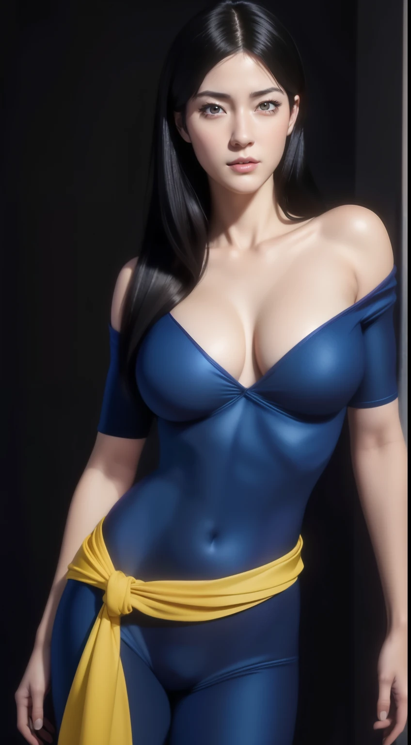 masterpiece, best quality, highly detailed, ultra high resolution, (photorealistic: 1.8), unreal_engine, photography, realistic_skin_texture, wallpaper, 1 boy, hayato kasukabe, japanese face, (ultra detailed face), 8k, trending on artstation, highly detailed , best quality, ultra detailed, realistic, Hitomi Kisugi, 1 girl, beautiful girl, long black hair, beautiful detailed eyes, beautiful detailed lips, eyelashes, beautiful eyes, beautiful brown eyes, detailed face, beautiful face, beautiful face, blue bodysuit, dressed in blue, off the shoulder, a thin yellow sash around the waist, bright colors, HDR, studio lighting, sharp focus, in action towards the spectator, posing towards the spectator.