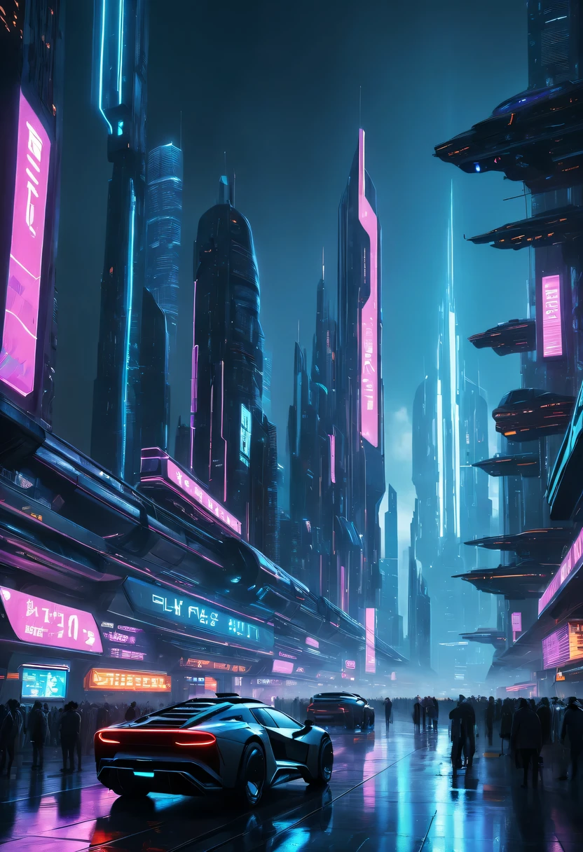 scifi movie scene, futuristic cityscape, Cyberpunk aesthetics, neon lights, towering skyscrapers, aircraft, Advanced technology, Holographic display, bustling crowd, high-tech products, Dark and moody atmosphere, dystopian setting, future fashion, AI, future transportation, Smooth and shiny surface, robot character, Immersive virtual reality, high-tech weaponry