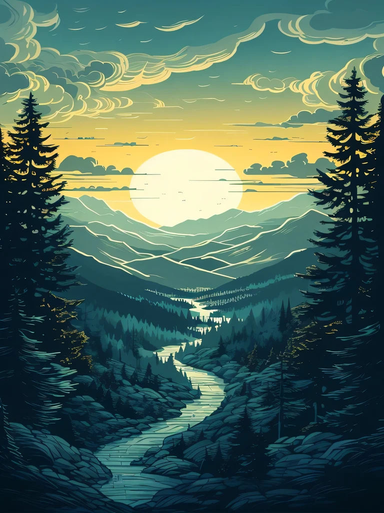 there is a painting depicting a mountain scene with a river, mountains river trees, Highly detailed vector art, Sunset in a valley, Illustration du paysage, detailed landscape — width 672, Detailed landscape art, Nice detailed illustration, oeuvre de paysage, Very detailed landscape, Epic landscape, Paysage fantastique, highly detailed illustration.», surplombant un vaste, serene forest, beau Epic landscape, 3 0