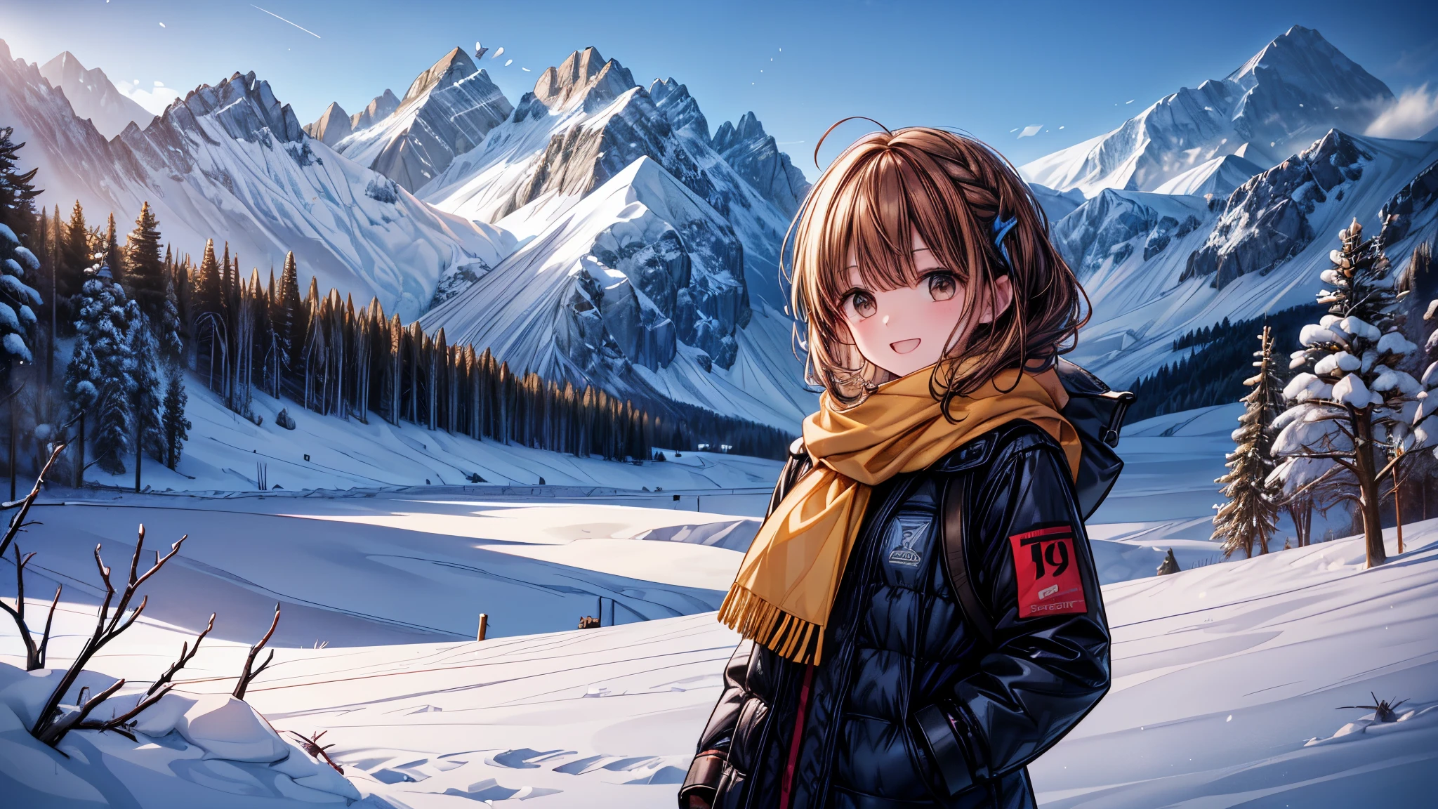 (Alta calidad, 8K), warm,Una cara detallada,Un ojo detallado,(luz tenue),sonrisa, (inviernos), nieveing, nieve, pelo azul, Brown eyes, bufanda, nieve load, paisaje, luces, luz de fondo