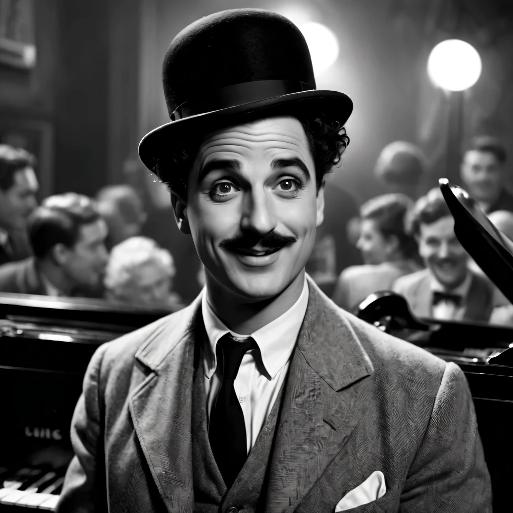 best quality, 4k, 8k, high resolution, masterpiece: 1.2, Super detailed, actual: 1.37, movie shot, film frame, grainy film texture, High quality cinematic experience, flashing lights, The Aesthetics of Silent Film, Directed by a great filmmaker, the magic of movies, (nostalgia, 引起nostalgia的: 1.1) Visual effect, black and white contrast, artistic frames, dramatic lighting, Professional photography, Authentic movie look, retro charm, vignette effect, The charm of old Hollywood, mysterious atmosphere, Charlie Chaplin comedy, brisk, black and white, retro, High quality, vignette, Detailed facial expressions, slapstick comedy, physical comedy, Fun action, expressive body language, nostalgia ambiance, juggling style, piano background music, grainy film, Comedian wearing bowler hat, exaggerated movements, visual gag, bright smile, Curly mustache, sugar cane, Formal suit and tie, Shabby shoes, A chaotic yet humorous situation, Complex and fast-paced choreography, Comedic timing, Naughty and mischievous character, Cute and lovable characters, comedy genius.