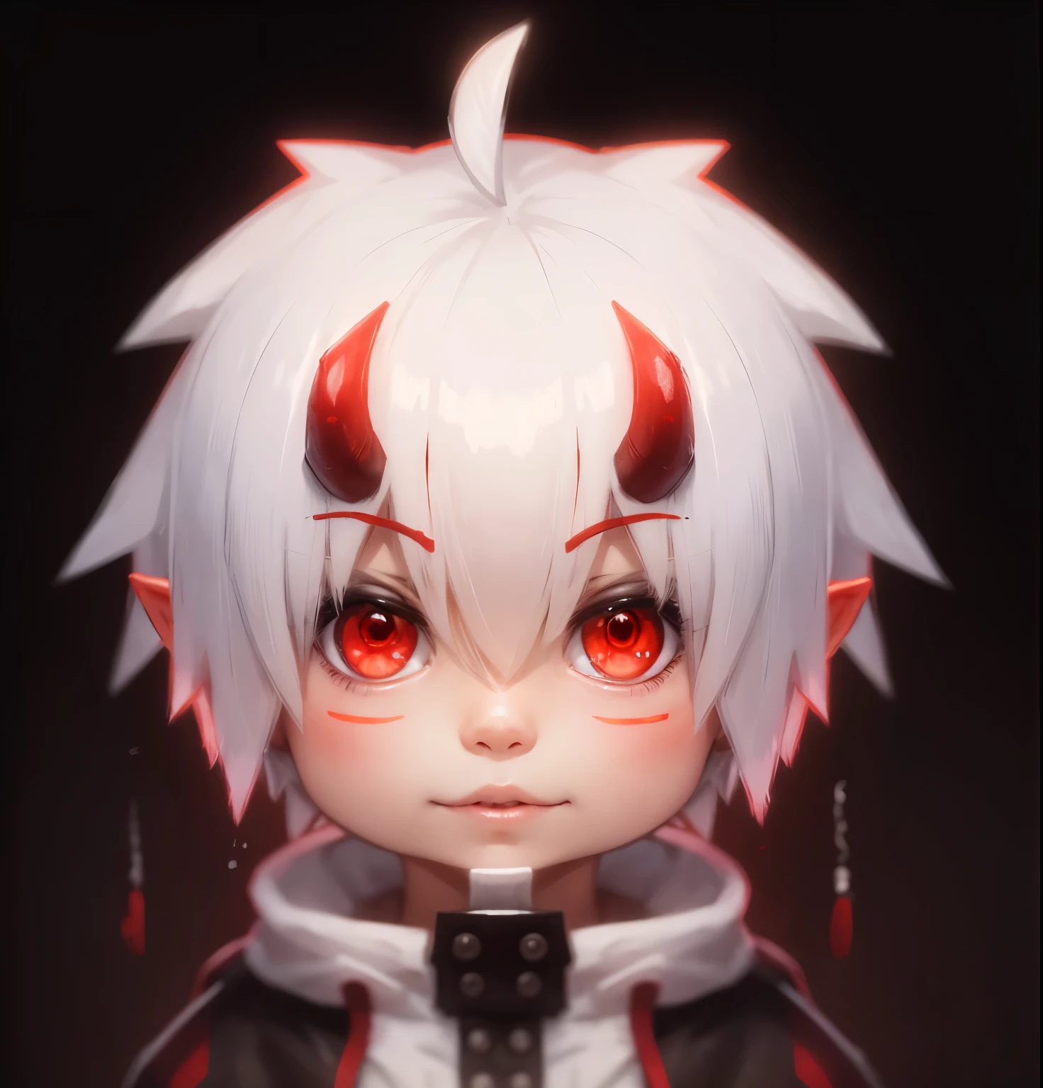A little anime boy, cute, white hair, red horns, red eyes, brown clothes and red shoes, shota, oni, demon, pointy ears, best quality, 8k
