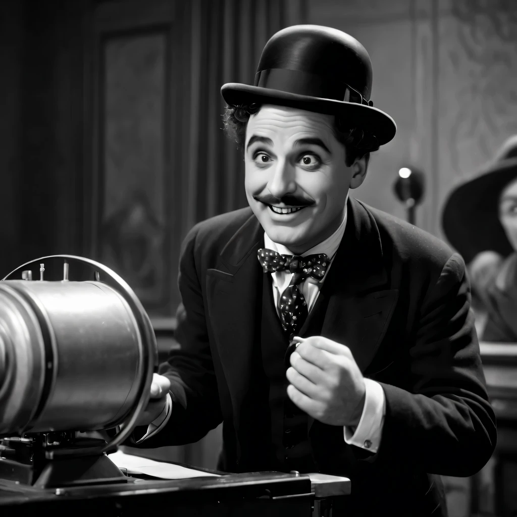 best quality, 4k, 8k, high resolution, masterpiece: 1.2, Super detailed, actual: 1.37, grainy film texture, High quality cinematic experience, flashing lights, The Aesthetics of Silent Film, Directed by a great filmmaker, the magic of movies, (nostalgia, 引起nostalgia的: 1.1) Visual effect, black and white contrast, artistic frames, dramatic lighting, Professional photography, Authentic movie look, retro charm, vignette effect, The charm of old Hollywood, mysterious atmosphere, Charlie Chaplin comedy, brisk, black and white, retro, High quality, vignette, Detailed facial expressions, slapstick comedy, physical comedy, Fun action, expressive body language, nostalgia atmosphere, juggling style, piano background music, grainy film, Comedian wearing bowler hat, Actions are too exaggerated, visual gag, bright smile, Curly mustache, sugar cane, Formal suit and tie, Shabby shoes, frowning opponent, A chaotic and humorous situation, Complex and fast-paced choreography, Comedic timing, Naughty and mischievous character, warm applause and laughter, High quality film projector, Film strip rolling, Cute and lovable characters, comedy genius.