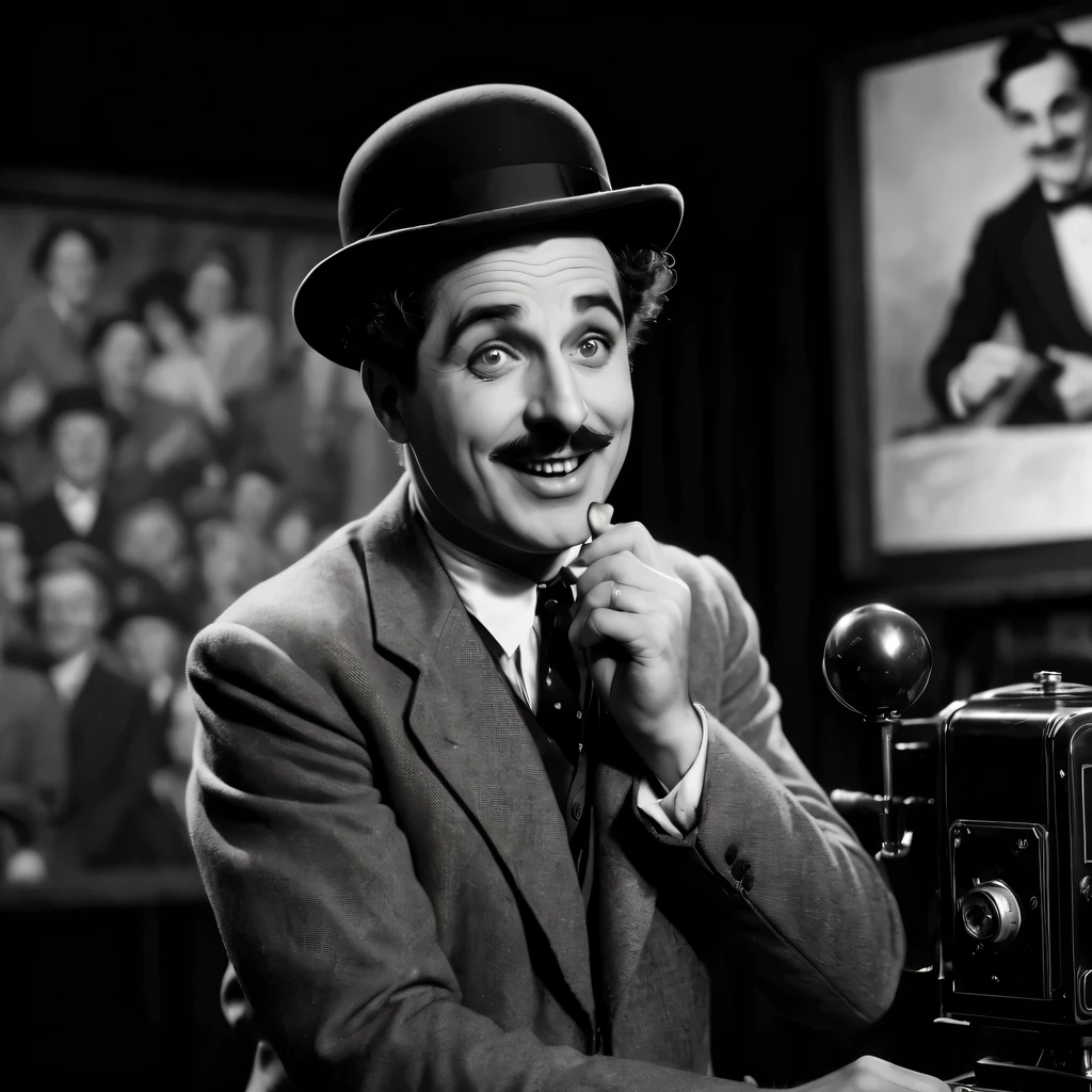 best quality, 4k, 8k, high resolution, masterpiece: 1.2, Super detailed, actual: 1.37, grainy film texture, High quality cinematic experience, flashing lights, The Aesthetics of Silent Film, Directed by a great filmmaker, the magic of movies, (nostalgia, 引起nostalgia的: 1.1) Visual effect, black and white contrast, artistic frames, dramatic lighting, Professional photography, Authentic movie look, retro charm, vignette effect, The charm of old Hollywood, mysterious atmosphere, Charlie Chaplin comedy, brisk, black and white, retro, High quality, vignette, Detailed facial expressions, slapstick comedy, physical comedy, Fun action, expressive body language, nostalgia atmosphere, juggling style, piano background music, grainy film, Comedian wearing bowler hat, Actions are too exaggerated, visual gag, bright smile, Curly mustache, sugar cane, Formal suit and tie, Shabby shoes, frowning opponent, A chaotic and humorous situation, Complex and fast-paced choreography, Comedic timing, Naughty and mischievous character, warm applause and laughter, High quality film projector, Film strip rolling, Cute and lovable characters, comedy genius.