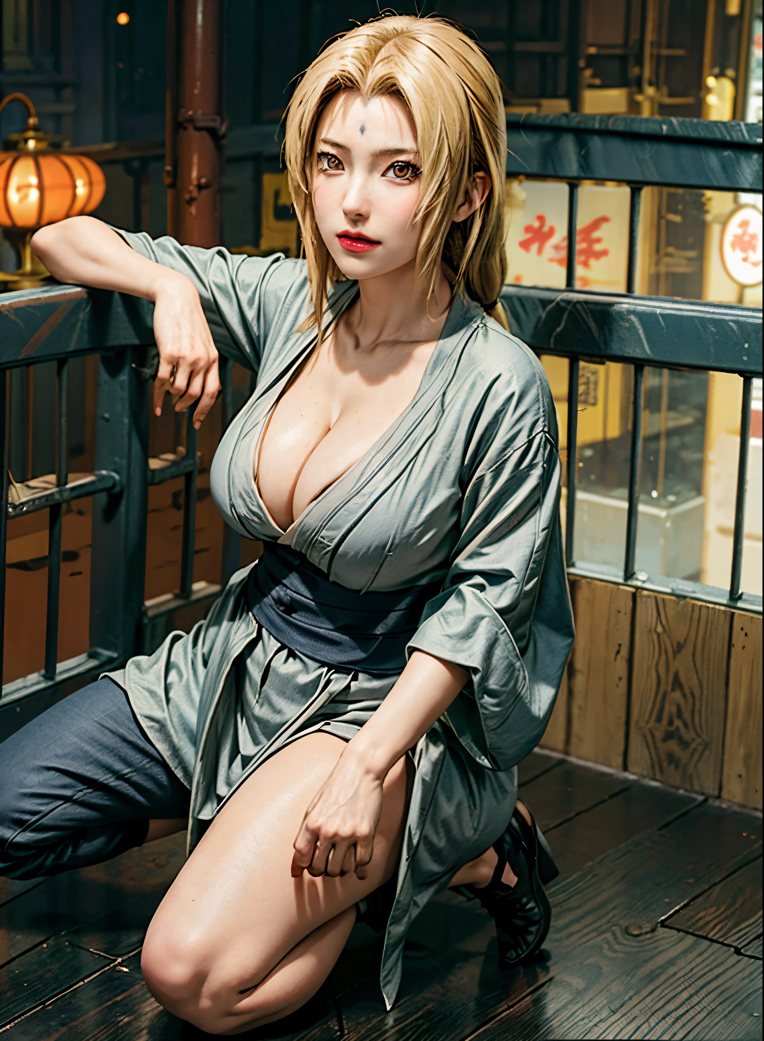 Best quality, masterpiece, ultra high res, (photorealistic:1.4), blond woman in a gray dress, black pants, and kungfu shoes standing in a city street, tsunade from naruto, posing in neo - tokyo futuristic, yayoi kasuma, inspired by Tadanori Yokoo, in neo tokyo, kunoichi, mid shot portrait, japanese woman, big curvy breast, cleavage, (huge tits), cleavage, good anatomy, masterpiece, best quality, 4k, 8k, professional photography, soft light, sharp focus, 1 girl, blonde hair, kimono, (mountai), clouds, blonde hair, parted banks, detailed face+brown eyes, smile, closed lips, lipstick, bookshelves, windows,realistic, Tsunade in anime (Naruto),qualiti detail higt ,HDR photos