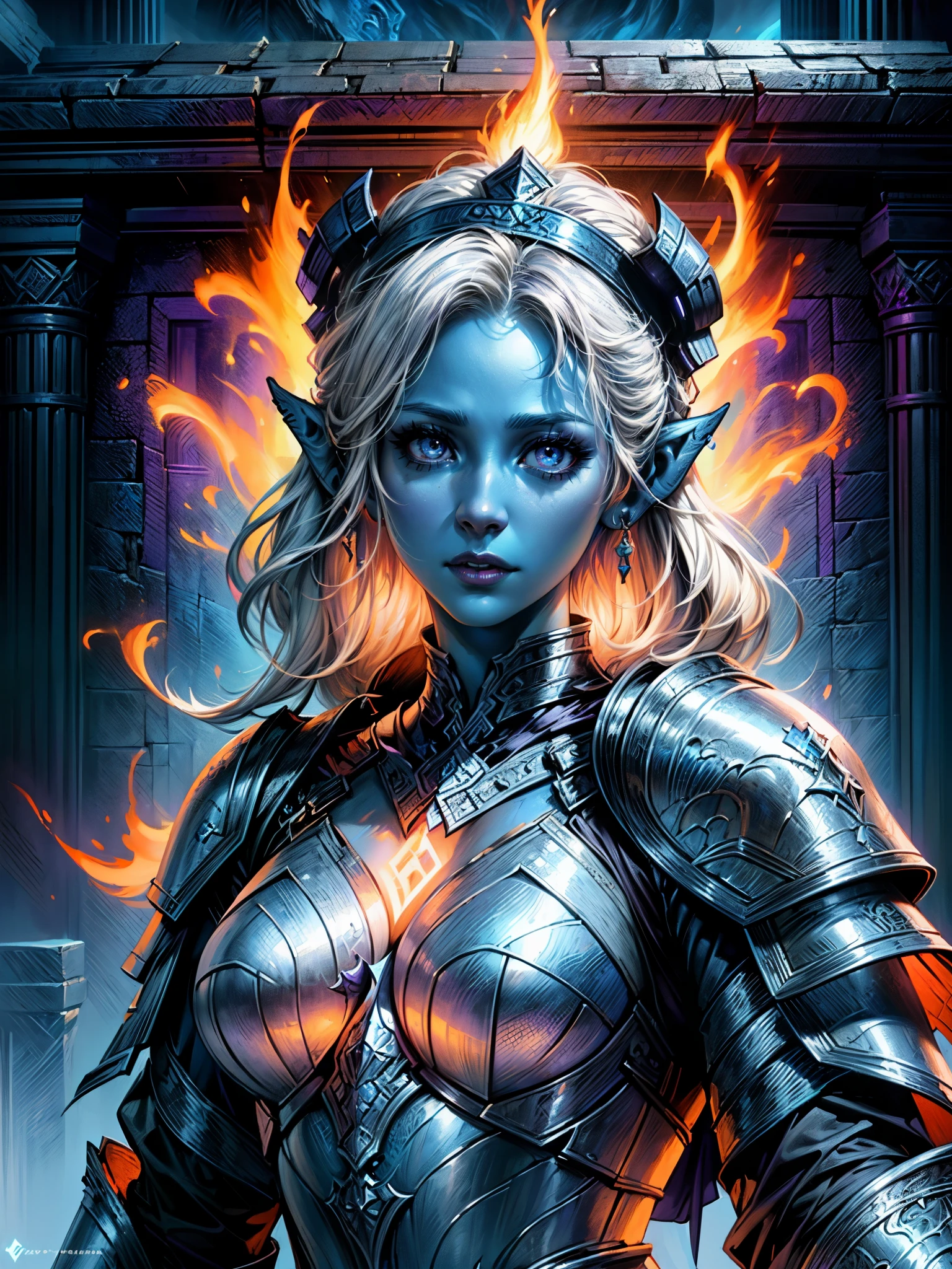 fantasy art, dnd art, RPG art, wide shot, (masterpiece: 1.4) a (portrait: 1.3) intense details, highly detailed, photorealistic, best quality, highres, portrait a female (fantasy art, Masterpiece, best quality: 1.3) ((blue skin: 1.5)), intense details facial details, exquisite beauty, (fantasy art, Masterpiece, best quality) cleric, (blue: 1.3) skinned female, (white hair: 1.4), long hair, (hair hides ears: 1.5), (purple eyes: 1.3), action shot fantasy art, Masterpiece, best quality) armed a fiery sword red fire, wearing heavy (white: 1.3) half plate mail armor, wearing high heeled laced boots, wearing an(orange :1.3) cloak, wearing glowing holy symbol GlowingRunes_yellow, within fantasy temple background, reflection light, high details, best quality, 16k, [ultra detailed], masterpiece, best quality, (extremely detailed), close up, ultra wide shot, photorealistic, RAW, fantasy art, dnd art, fantasy art, realistic art,((best quality)), ((masterpiece)), (detailed), perfect face,