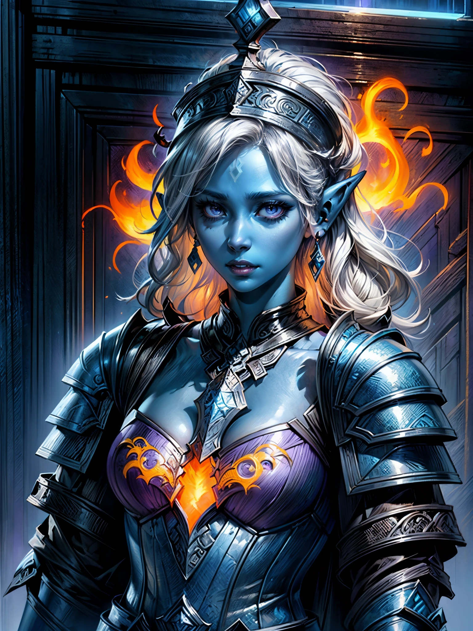 fantasy art, dnd art, RPG art, wide shot, (masterpiece: 1.4) a (portrait: 1.3) intense details, highly detailed, photorealistic, best quality, highres, portrait a female (fantasy art, Masterpiece, best quality: 1.3) ((blue skin: 1.5)), intense details facial details, exquisite beauty, (fantasy art, Masterpiece, best quality) cleric, (blue: 1.3) skinned female, (white hair: 1.4), long hair, (hair hides ears: 1.5), (purple eyes: 1.3), action shot fantasy art, Masterpiece, best quality) armed a fiery sword red fire, wearing heavy (white: 1.3) half plate mail armor, wearing high heeled laced boots, wearing an(orange :1.3) cloak, wearing glowing holy symbol GlowingRunes_yellow, within fantasy temple background, reflection light, high details, best quality, 16k, [ultra detailed], masterpiece, best quality, (extremely detailed), close up, ultra wide shot, photorealistic, RAW, fantasy art, dnd art, fantasy art, realistic art,((best quality)), ((masterpiece)), (detailed), perfect face,