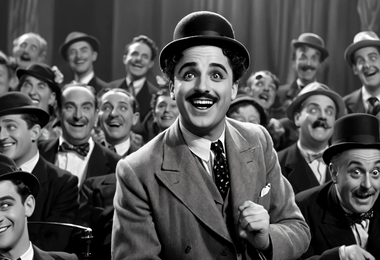 best quality,4k,8k,high resolution,masterpiece:1.2,Super detailed,actual:1.37,Charlie Chaplin comedy,brisk,black and white,retro,High quality,vignette,Detailed facial expressions,classic silent movies,slapstick comedy,physical comedy,Fun action,expressive body language,nostalgic atmosphere,juggling style,piano background music,grainy film,Comedian wearing bowler hat,Actions are too exaggerated,visual gag,bright smile,Curly mustache,sugar cane,Formal suit and tie,Shabby shoes,frowning opponent,A chaotic and humorous situation,Complex and fast-paced choreography,Comedic timing,Naughty and mischievous character,old cinema,Entertainment audience reaction,warm applause and laughter,High quality film projector,Film strip rolling,Cute and lovable characters,comedy genius.