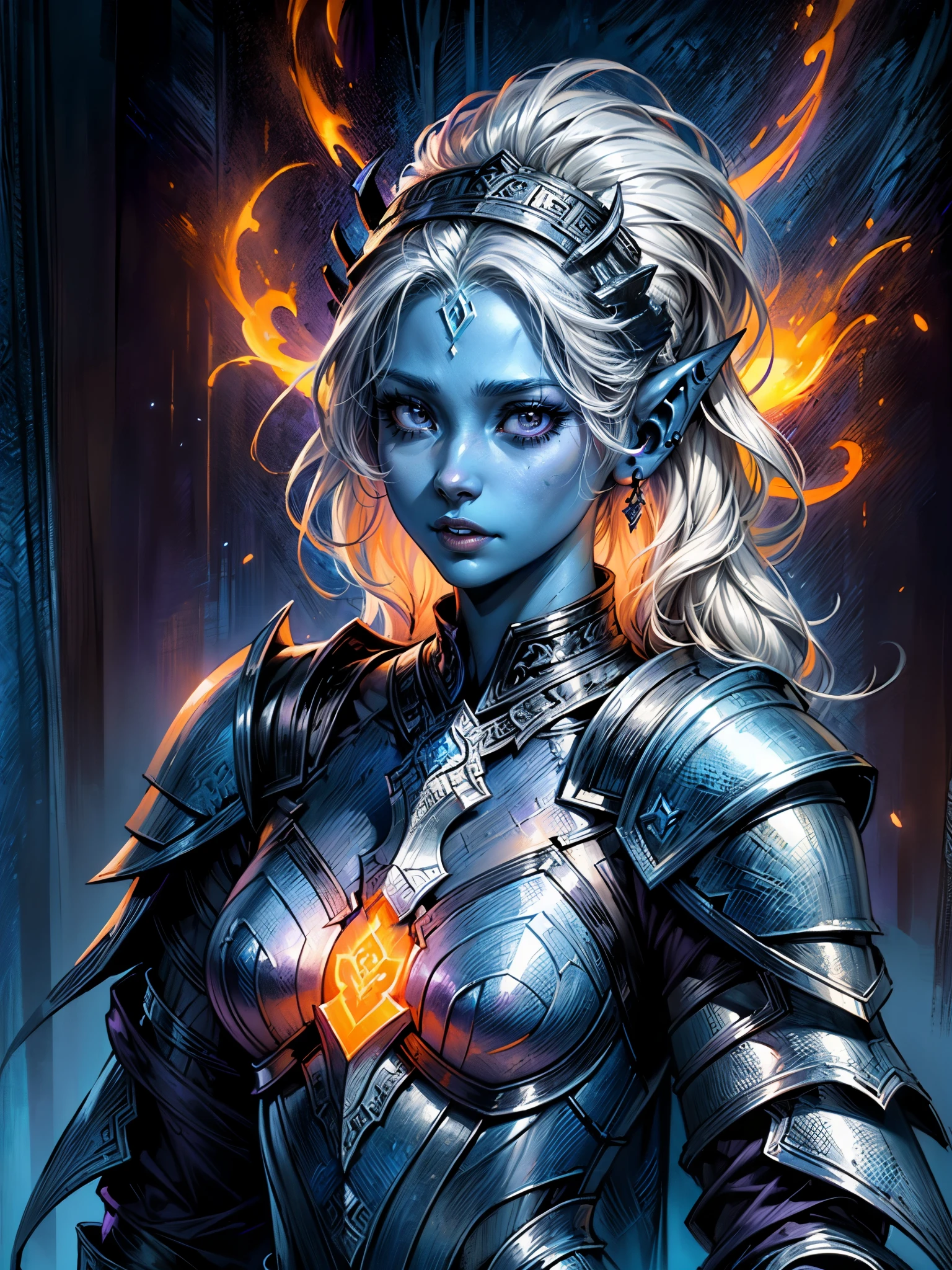 fantasy art, dnd art, RPG art, wide shot, (masterpiece: 1.4) a (portrait: 1.3) intense details, highly detailed, photorealistic, best quality, highres, portrait a female (fantasy art, Masterpiece, best quality: 1.3) ((blue skin: 1.5)), intense details facial details, exquisite beauty, (fantasy art, Masterpiece, best quality) cleric, (blue: 1.3) skinned female, (white hair: 1.4), long hair, (hair hides ears: 1.5), (purple eyes: 1.3), action shot fantasy art, Masterpiece, best quality) armed a fiery sword red fire, wearing heavy (white: 1.3) half plate mail armor, wearing high heeled laced boots, wearing an(orange :1.3) cloak, wearing glowing holy symbol GlowingRunes_yellow, within fantasy temple background, reflection light, high details, best quality, 16k, [ultra detailed], masterpiece, best quality, (extremely detailed), close up, ultra wide shot, photorealistic, RAW, fantasy art, dnd art, fantasy art, realistic art,((best quality)), ((masterpiece)), (detailed), perfect face,