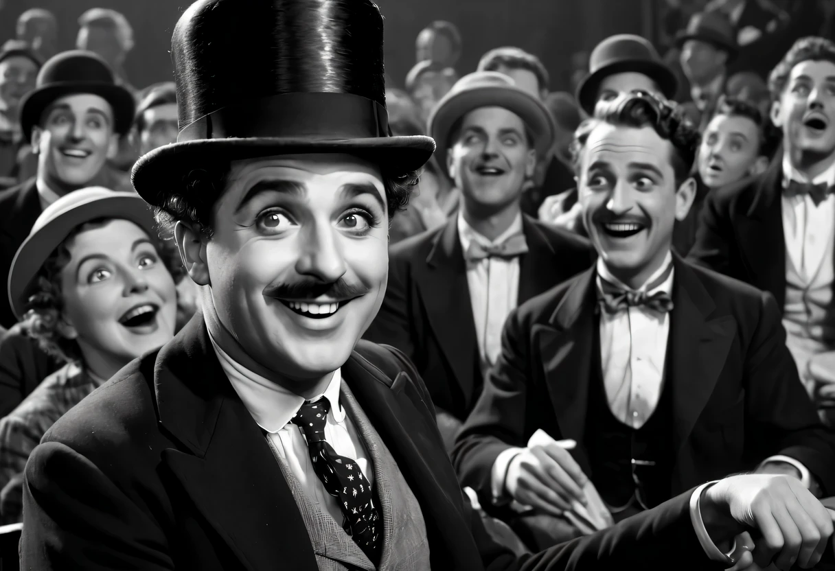 best quality,4k,8k,high resolution,masterpiece:1.2,Super detailed,actual:1.37,Charlie Chaplin comedy,brisk,black and white,retro,High quality,vignette,Detailed facial expressions,classic silent movies,slapstick comedy,physical comedy,Fun action,expressive body language,nostalgic atmosphere,juggling style,piano background music,grainy film,Comedian wearing bowler hat,Actions are too exaggerated,visual gag,bright smile,Curly mustache,sugar cane,Formal suit and tie,Shabby shoes,frowning opponent,A chaotic and humorous situation,Complex and fast-paced choreography,Comedic timing,Naughty and mischievous character,old cinema,Entertainment audience reaction,warm applause and laughter,High quality film projector,Film strip rolling,Cute and lovable characters,comedy genius.