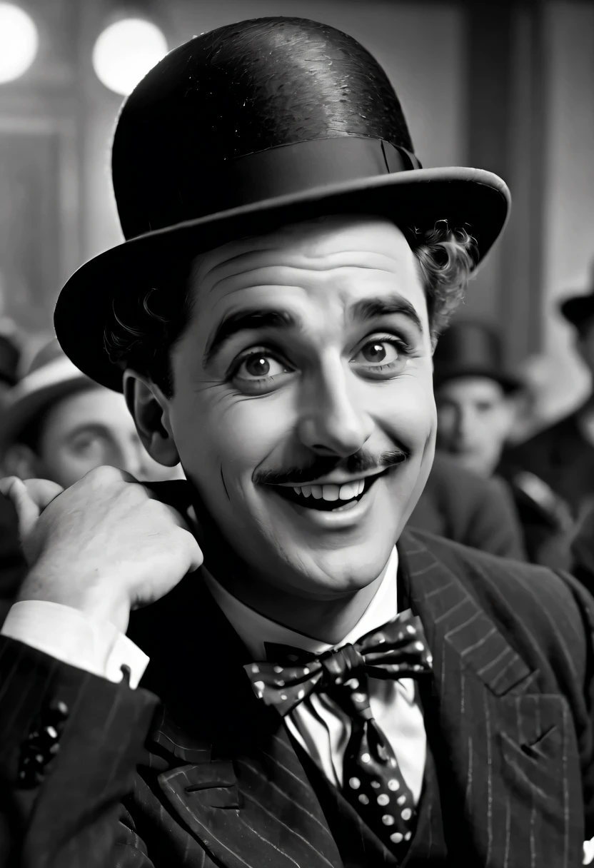 best quality,4k,8k,high resolution,masterpiece:1.2,Super detailed,actual:1.37,Charlie Chaplin comedy,brisk,black and white,retro,High quality,vignette,Detailed facial expressions,classic silent movies,slapstick comedy,physical comedy,Fun action,expressive body language,nostalgic atmosphere,juggling style,piano background music,grainy film,Comedian wearing bowler hat,Actions are too exaggerated,visual gag,bright smile,Curly mustache,sugar cane,Formal suit and tie,Shabby shoes,frowning opponent,A chaotic and humorous situation,Complex and fast-paced choreography,Comedic timing,Naughty and mischievous character,old cinema,Entertainment audience reaction,warm applause and laughter,High quality film projector,Film strip rolling,Cute and lovable characters,comedy genius.