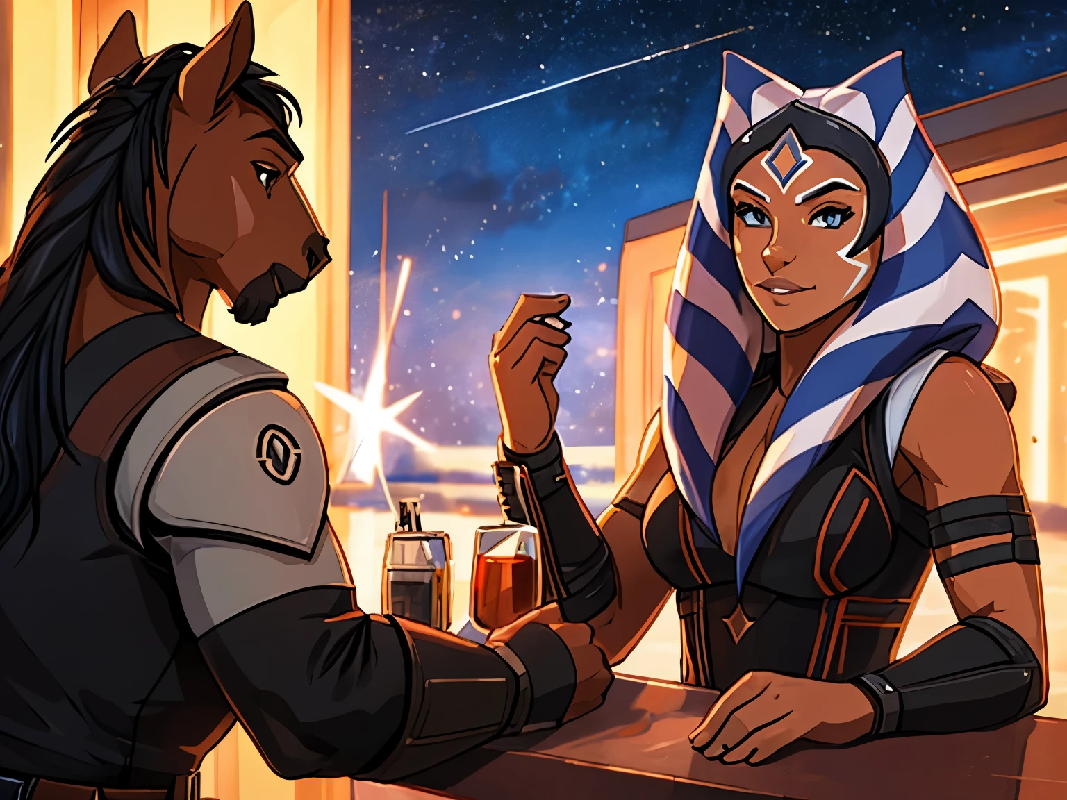 nsfw, two characters in frame, furry and human, ((furry male)), (anthro male), human female, human pairing, (horse), (brown body) anthro, male, anthro equine, muscles, handsome, outside, full body picture of a male anthro equine in stormtrooper special forces armor flirting with ahsoka tano at the bar lounge of the spaceship, starwars, star wars, ahsoka tano, star wars ahsoka tano, togruta, perfect female body, seductive female, big size difference, taller male, shorter female, different species, mixed race pairing, sexy female, lustful, detailed face, depth of field, perfect lighting, (light particles),(best quality),(masterpiece),(ultra detailed),sharp focus,light particles, detailed eyes,