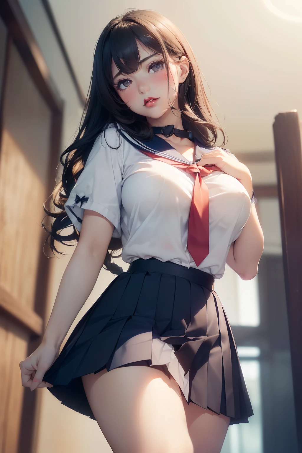 (masterpiece, best quality, cinematic, photorealistic, ultra-detailed), (1girl, Japanese student), thicc, (medium shot, from below:1.5), (smart-looking girl wearing white short-sleeved blouse with a sailor-style collar and a ribbon tie:1.4), (navy blue pleated skirt that falls just above the knees:1.4), (black hair, long wavy hair:1.2), perfect hands, perfect face, (bursting breasts, large chest:1.4), (seductive pose:1.2), (hazel eyes, soft and shimmery eyeshadows, detailed pupils, defined eyelashes), (blushing, slightly parted lips, fluffy lips, red lips:1.2), (gradient background:1.2), (looking at the viewer, chin up:1.4), (standing, sensual pose:1.4), burning hot chic