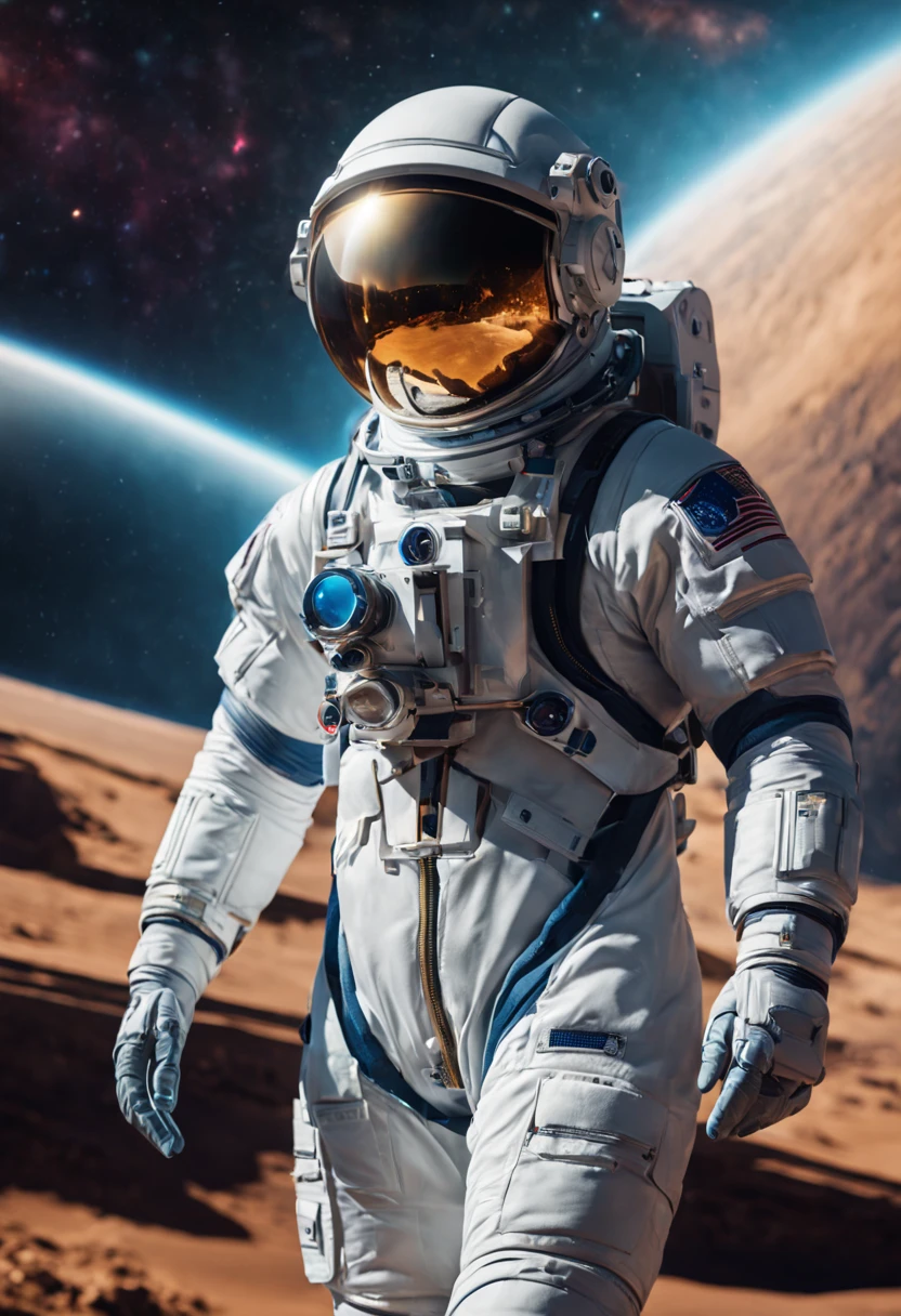 cinematic film still {Retro-futuristic Odyssey: (masterpiece, UHD, CGI, trending on artstation:1.2), lone astronaut, (sleek white spacesuit with blue highlights:1.2), floating before a massive, (orbiting space station:1.1), Earth in the background, vibrant auroras, (retro-futuristic design:1.3), gleaming metal, intricate patterns on the station's hull, sunburst reflecting off visor, deep space, stars twinkling, (nebula:1.1) in the distance, weightlessness captured, dynamic angle, looking over shoulder, (sense of exploration:1.1), vivid colors, high contrast, sense of immense scale} . shallow depth of field, vignette, highly detailed, high budget, bokeh, cinemascope, moody, epic, gorgeous, film grain, grainy