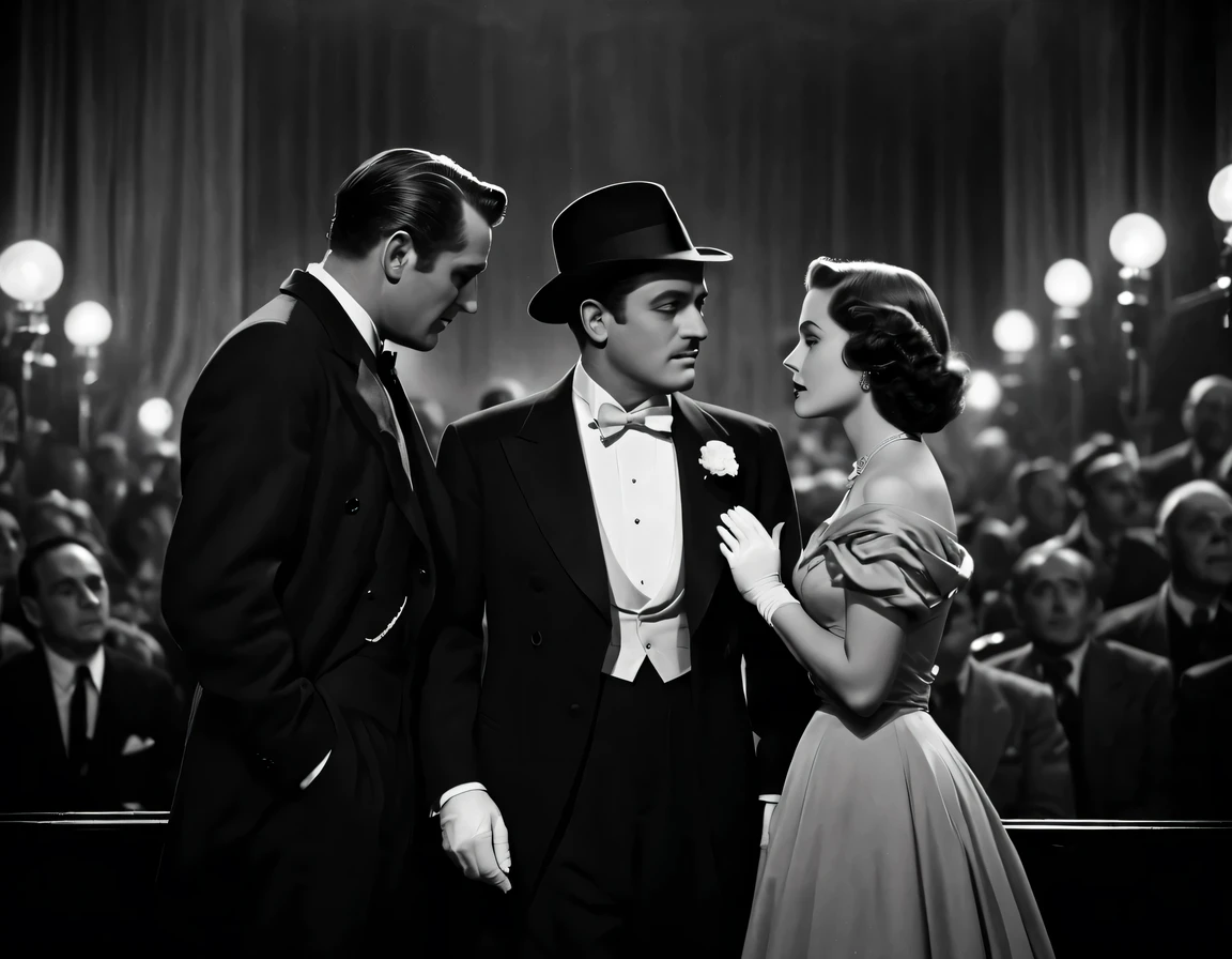 old movie, screen, Ending, dramatic ending, black and white, grainy film texture, retro movie experience, flashing lights, The Aesthetics of Silent Film, Directed by a great filmmaker, classic storytelling, melodrama, talented actors and actresses, Beautiful set design, exquisite clothing, A performance full of emotions, the magic of movies, (nostalgia, 引起nostalgia的: 1.1) Visual effect, black and white contrast, artistic frames, dramatic lighting, Professional photography, Authentic movie look, retro charm, Vignette effect, The charm of old Hollywood, mysterious atmosphere, faded memories, unforgettable scene, elegant camera movements, Detailed film credits, Beautiful typography, expressive performance, Emotional orgasm, cinematic masterpiece, Iconic moments.