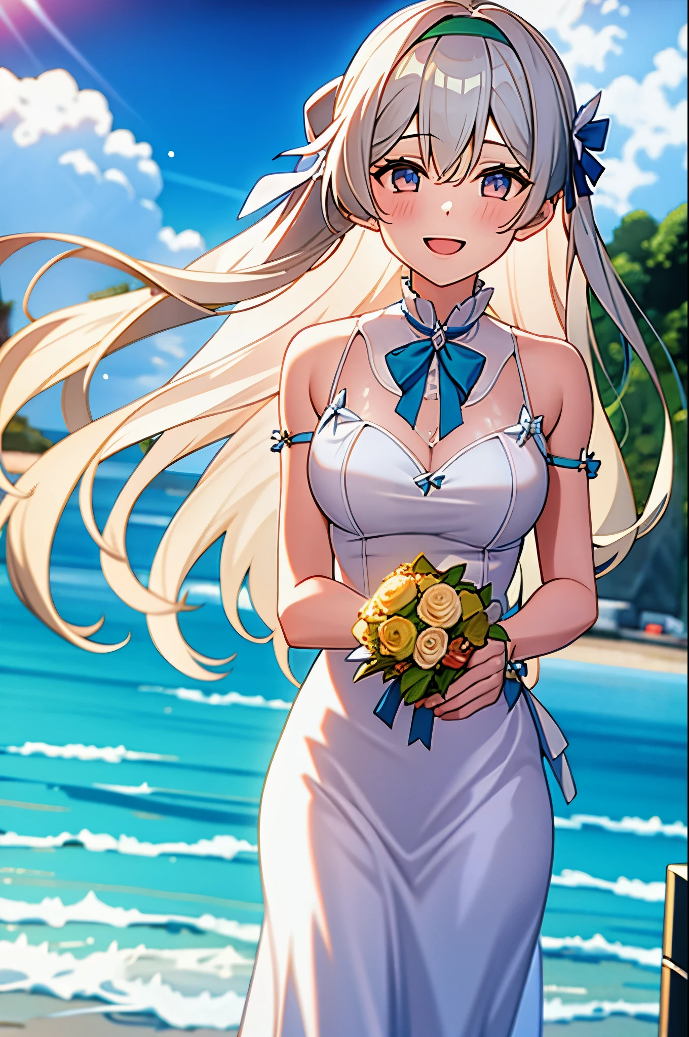 1 girl, , Wedding dress, sea, In the water, soaking wet，holding bouquet,1 girl,silver long hair，（（Wedding dress））excited，