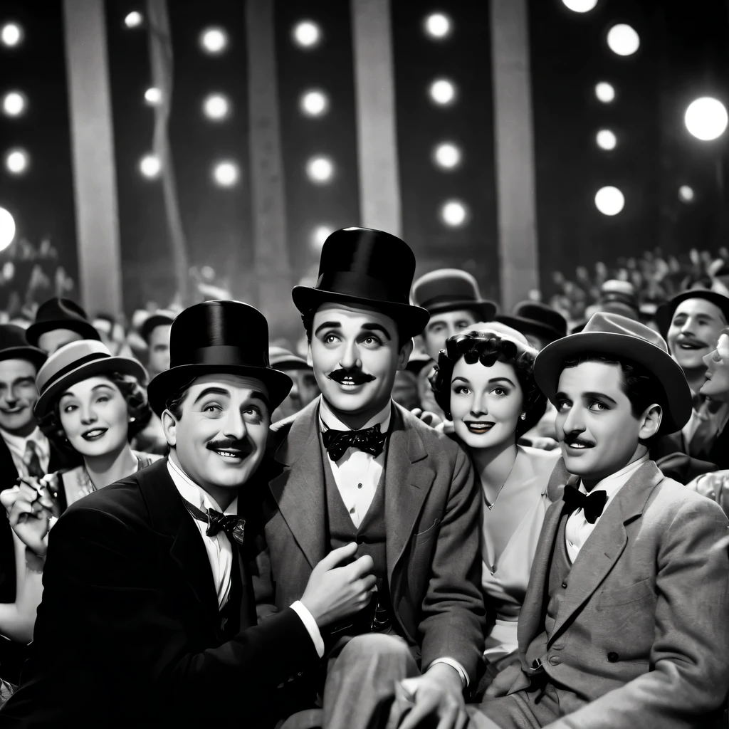 best quality,Super detailed,Old movie style,vintage cinematography,Charming black and white,grainy texture,classic movie scene,masterpiece:1.2,retro,The charm of old Hollywood,iconic silent film era,Charlie chaplin,comedy genius,Farce humor,timeless charm,suspense scene,Captivating musical score,epic storytelling,nostalgic atmosphere,Film reel and projector,flashing spotlight,Background chaos,Dramatic close-ups,movie magic,luminous screen,Fates are intertwined,Romantic encounters,mischievous adventure,Elegant clothing and fine hats,Audience laughter and applause,cinematic masterpiece unfolding.