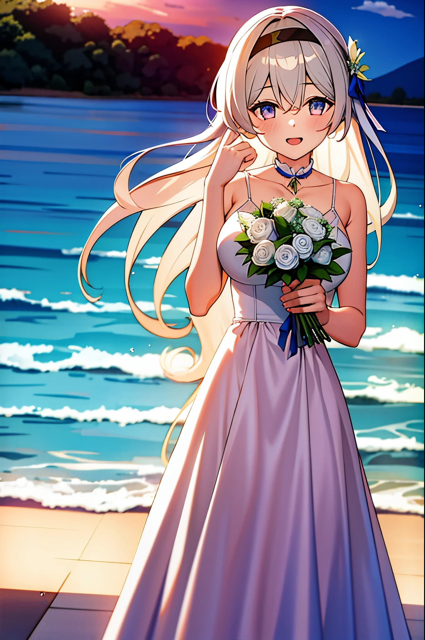 1 girl, , Wedding dress, sea, In the water, soaking wet，holding bouquet,1 girl,silver long hair，big breasts（（Wedding dress））excited，close one eye