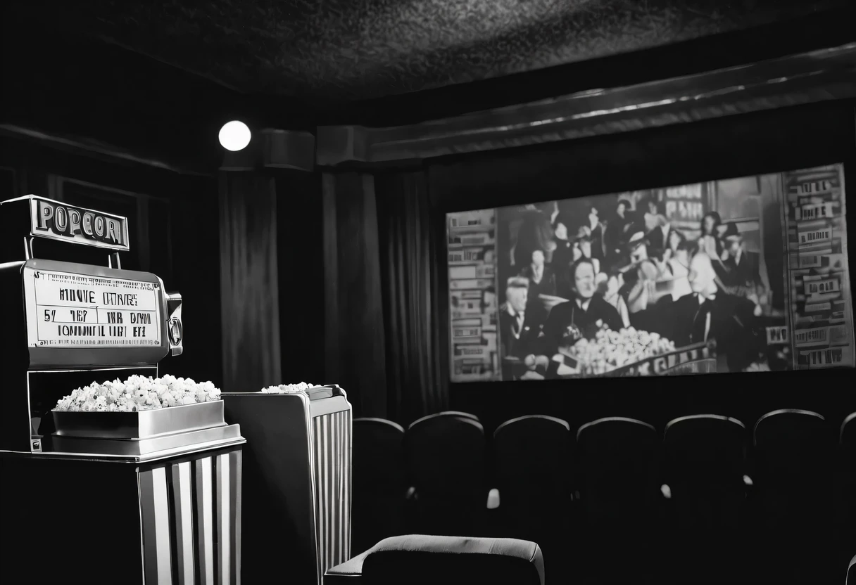 A girl in a vintage cinema, Black and white film, Classic Hollywood, dim, Projector flickers, Vintage red velvet seat, Popcorn, charming movie star, nostalgic atmosphere, grainy texture, film noir style, dramatic lighting, Cinematic atmosphere, Film reel rotation, movie ticket stub, Vintage movie theater signage, retro Popcorn machine, Vintage movie poster, Welcome to the classic uniform, silent film era, iconic dialogue, timeless storytelling, cinematic masterpiece:1.2, Black and white film摄影, retro charm, Old movie projector sound, Classic Movie Marathon, soft-spoken narrator, old movie fare, elegant theater architecture, movie countdown, movie opening subtitles, Dramatic close-ups, classic movie soundtrack.