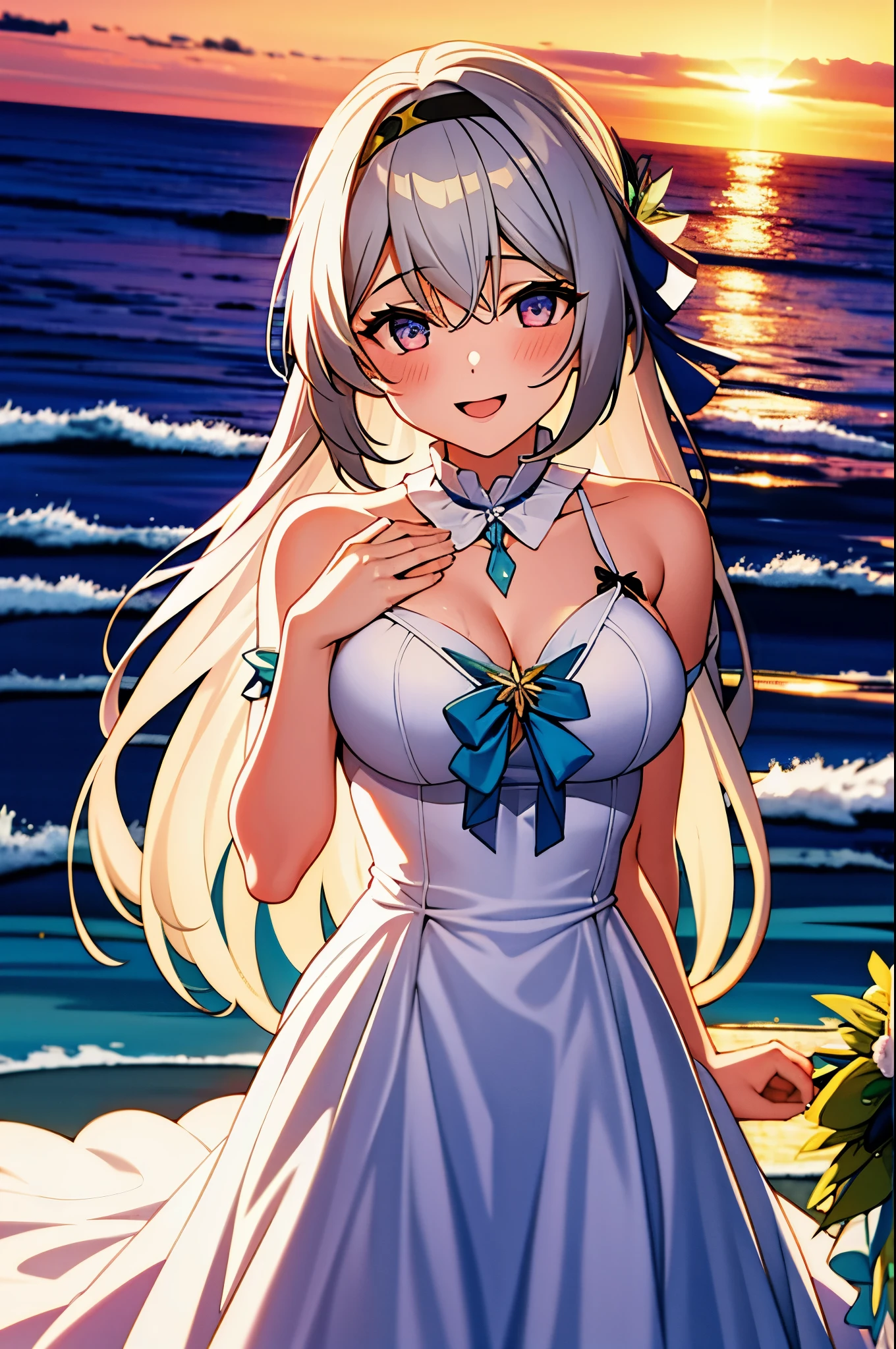 1 girl, , Wedding dress, sea, In the water, soaking wet，holding bouquet,1 girl,silver long hair，big breasts（（Wedding dress））excited，close one eye