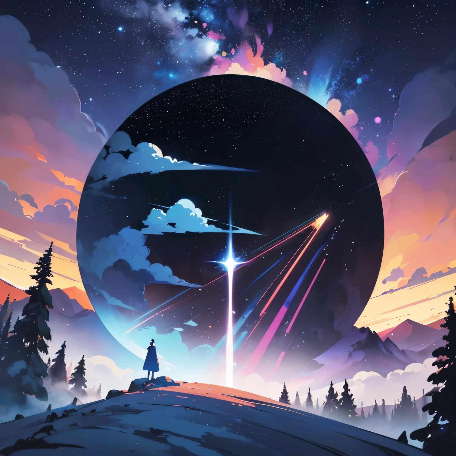 ((forest and mountain and starry sky with trip shape cloud)), space elevator, civilization, hi - tech building, Sci - fi movie, (high contrast), (vector artwork), 2D flash game, (clean color), (clear boundaries), (bright colororning or dusk sky), (explicit), (extreme sharp focusasterpiece)), (best quality), (extreme details), fine art, silhouette, tidy style, (Kurzgesagt style), by Kurzgesagt, (by Hiroshi Yoshida), (by Hasui Kawase), by Atey Ghailan, by Ismail Inceoglu